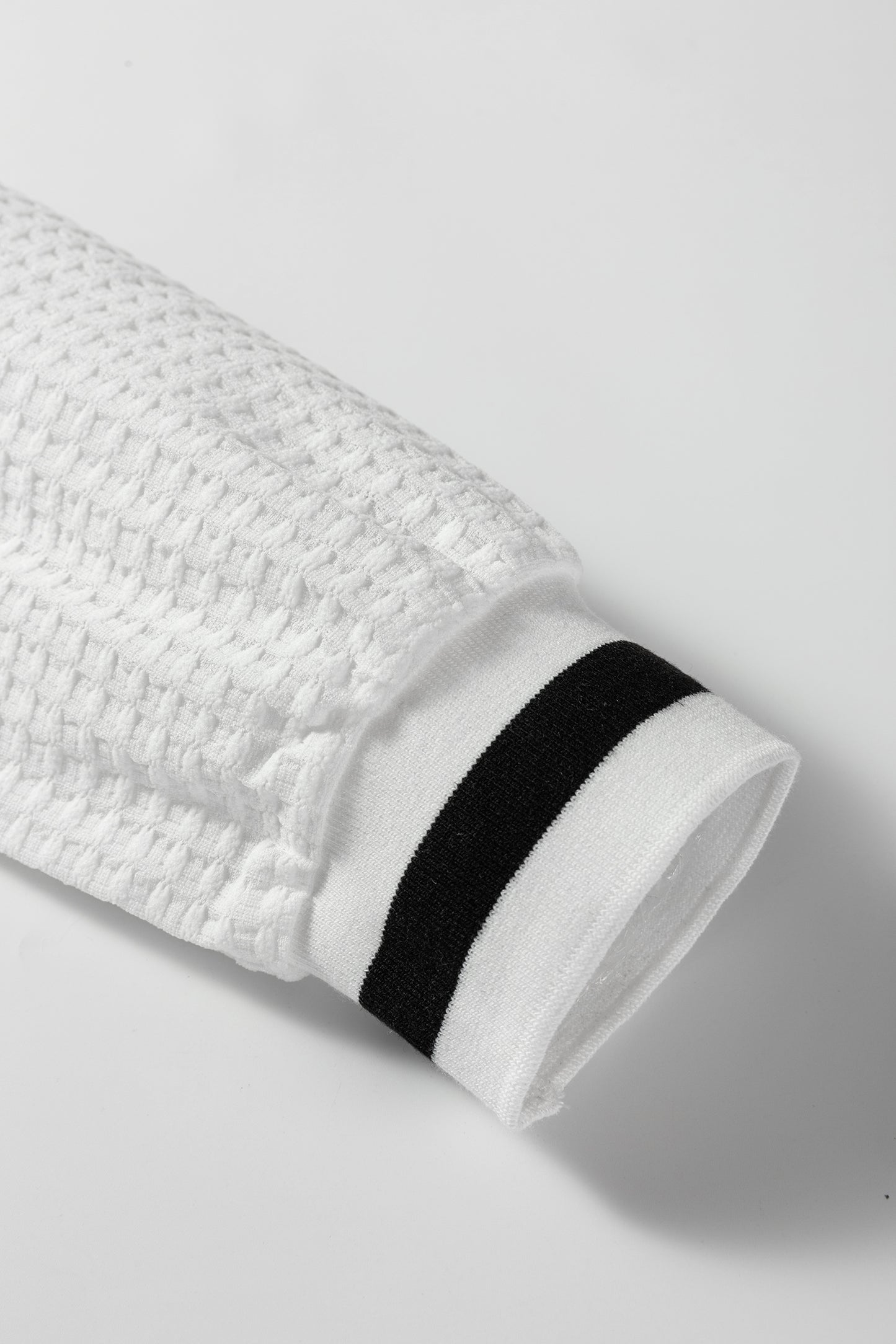 White Waffle Knit Preppy Striped Trim V-Neck Pullover Top