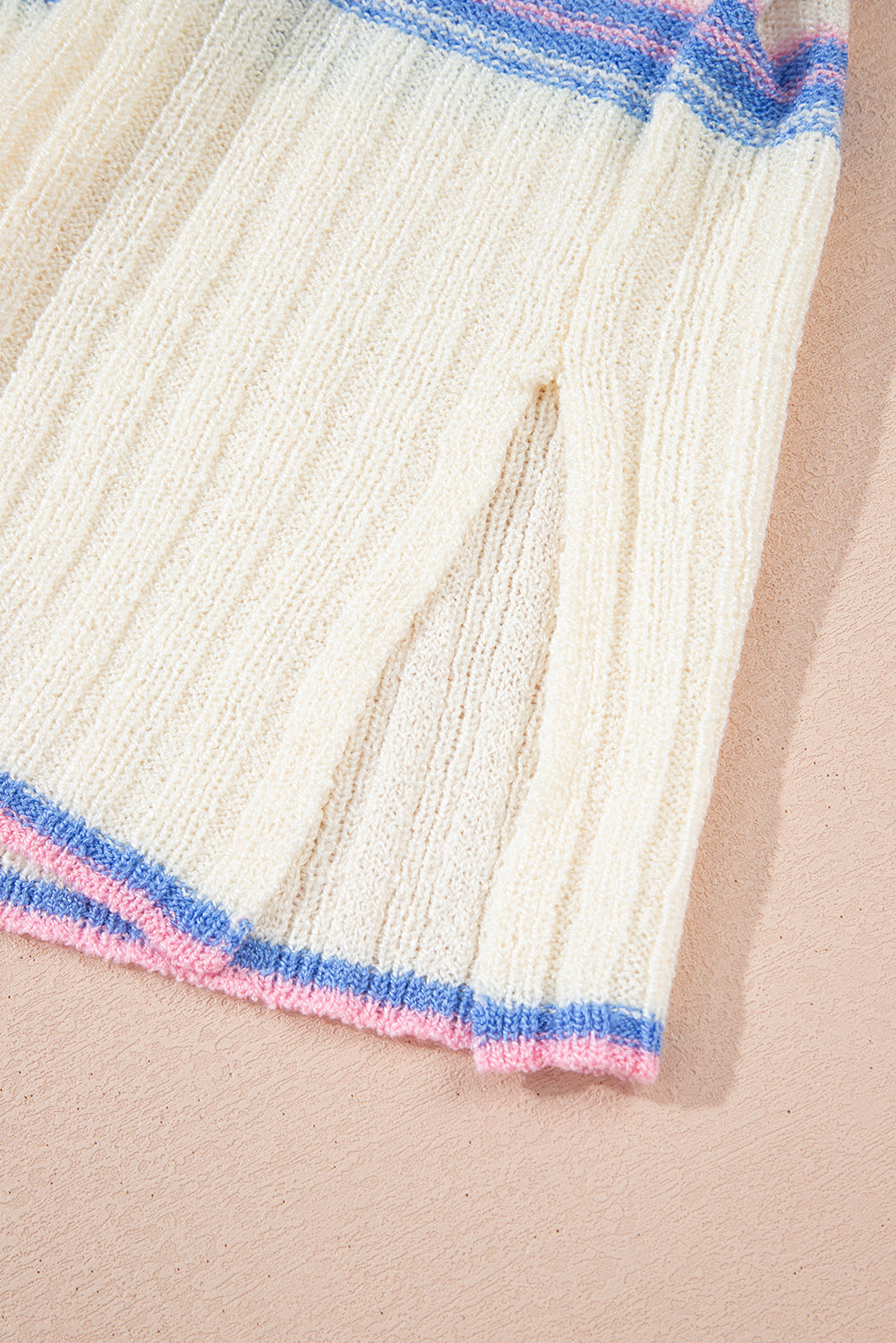 White Contrast Striped V-Neck Dolman Sleeve Ribbed Knit Oversized Tunic Sweater with Side Slits