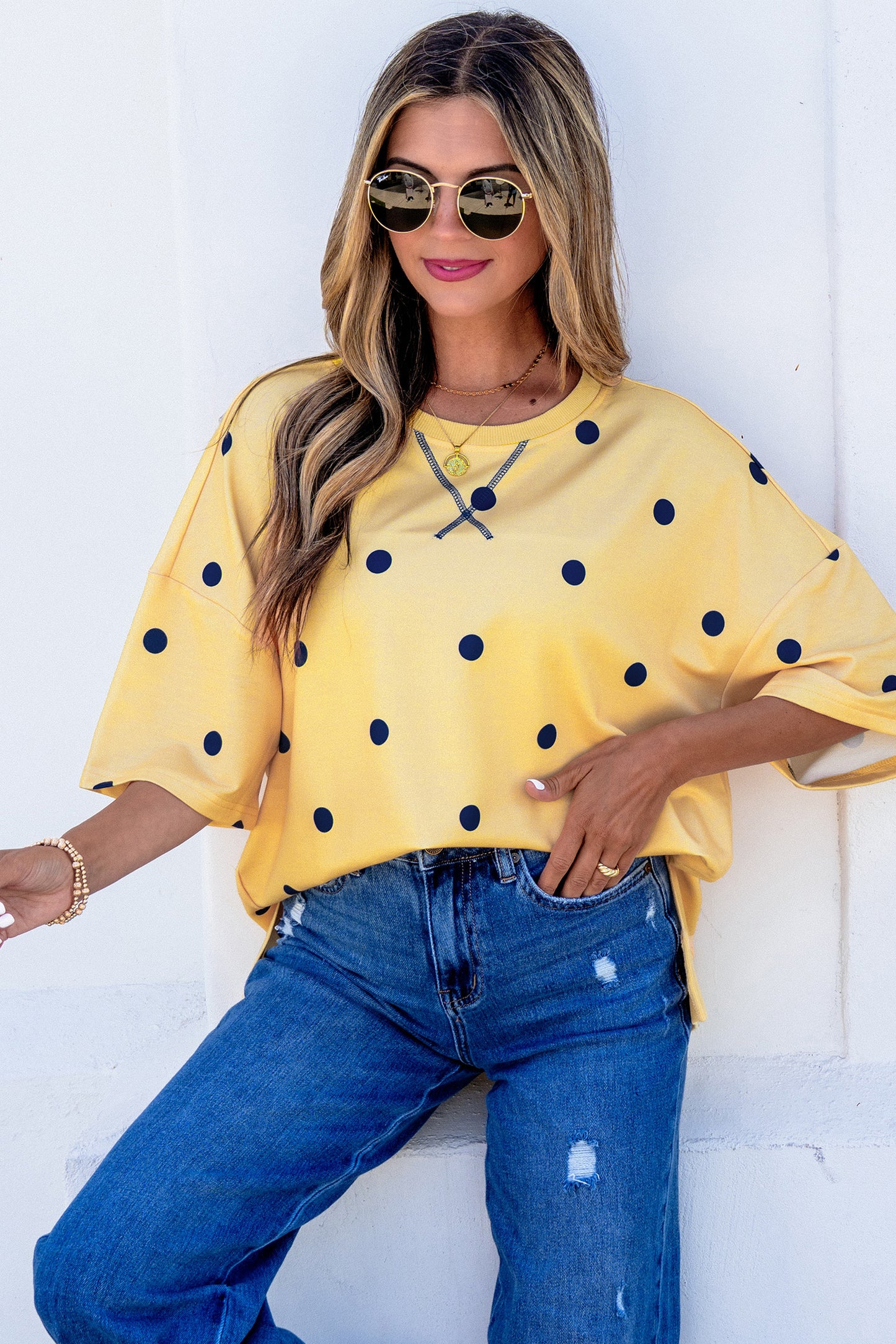 Womens Yellow Polka Dot Oversized Shirt S to XL