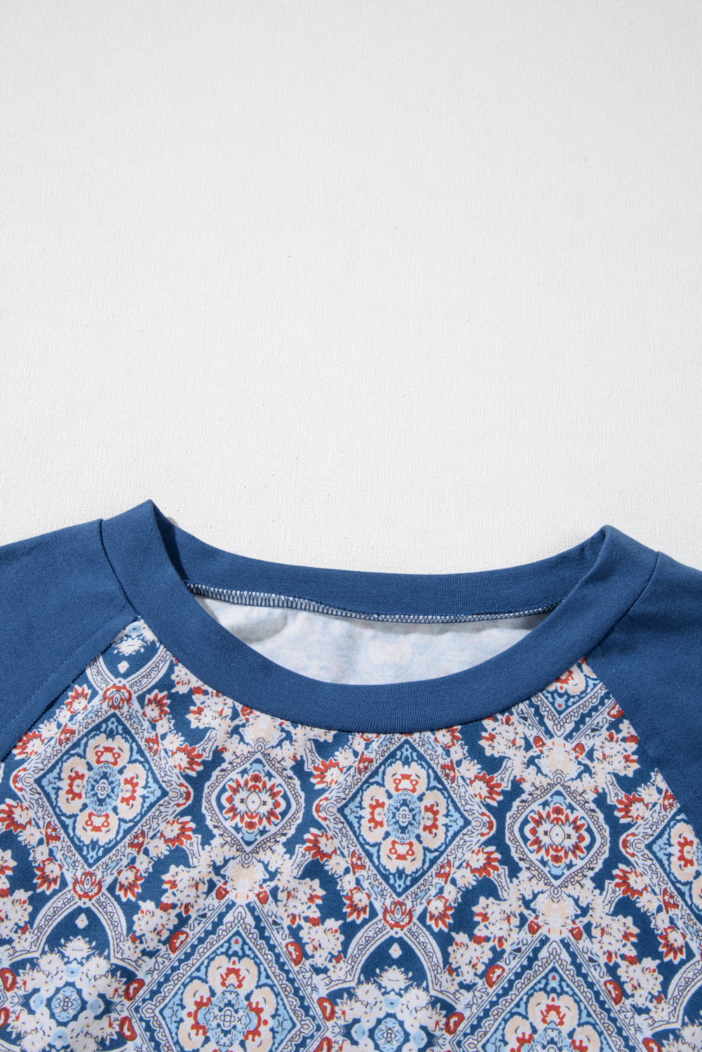 Blue Geometric Print Ric-Rac Lace Patchwork Raglan Long Sleeve Top – Women's Boho Western Pullover (S–XL)