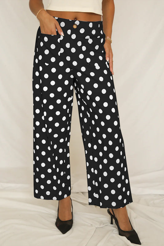 Polka Dot Print Cropped Straight-Leg Pants with Patched Pockets | Black & White