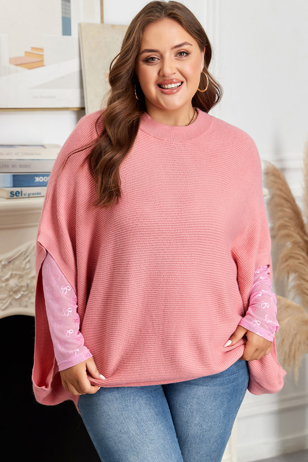 Ribbed Knit Poncho Style Sweater | Plus Size | Light Pink | 1X–4X