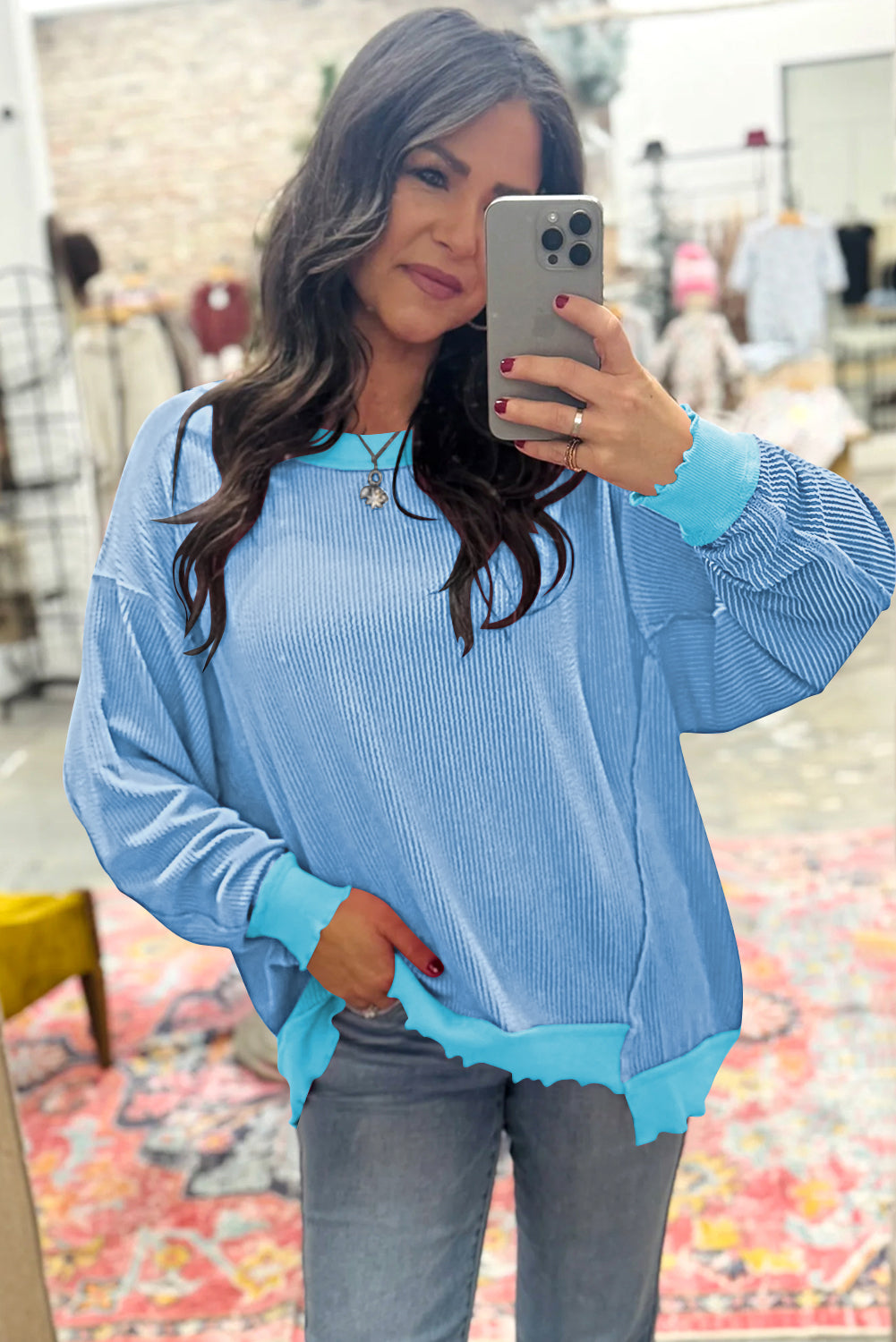 Light Blue Twisted Rib Drop Shoulder Uneven Hem Knit Top Women S-XL