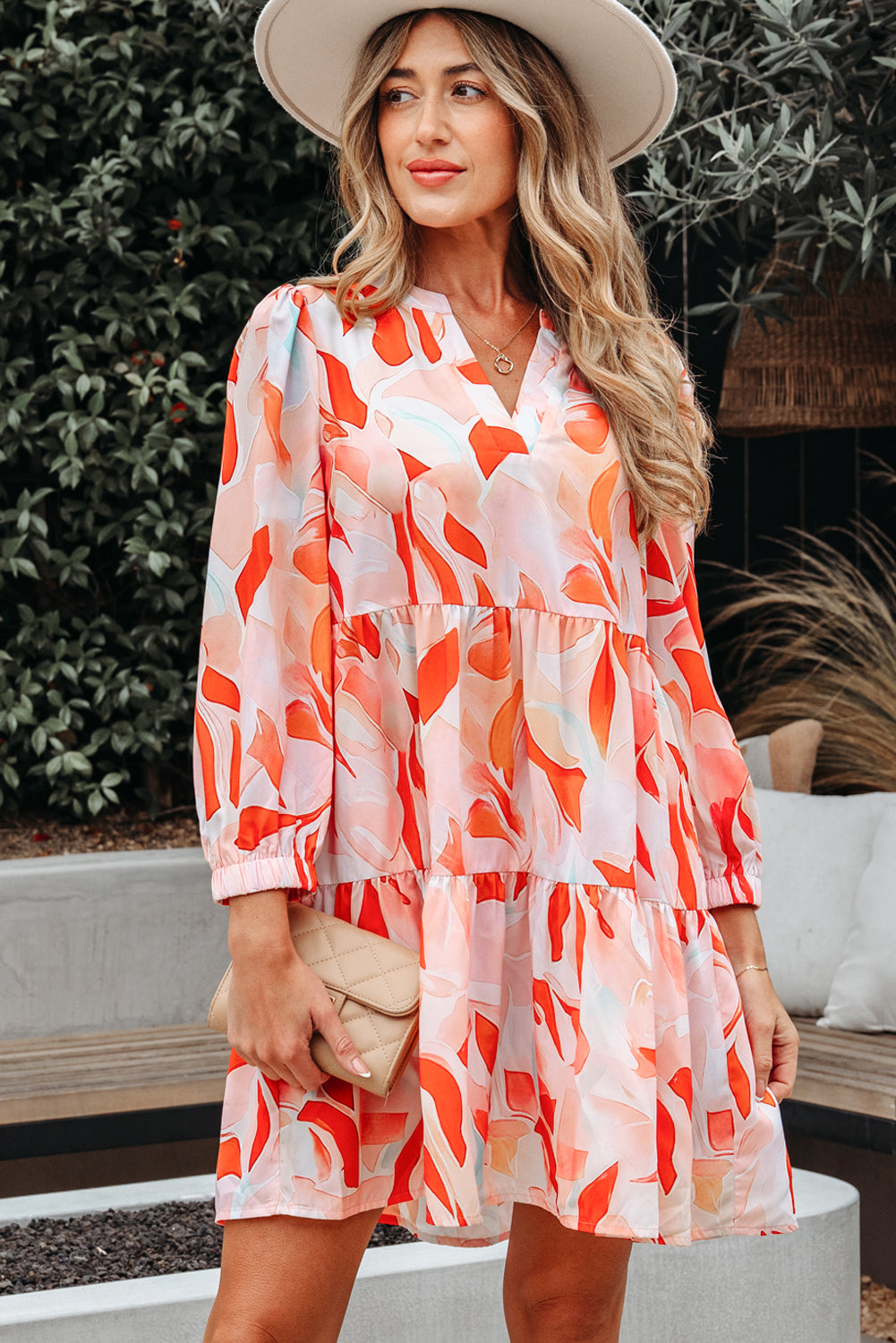 Orange Abstract Print Long Sleeve Midi Dress Women S–XL