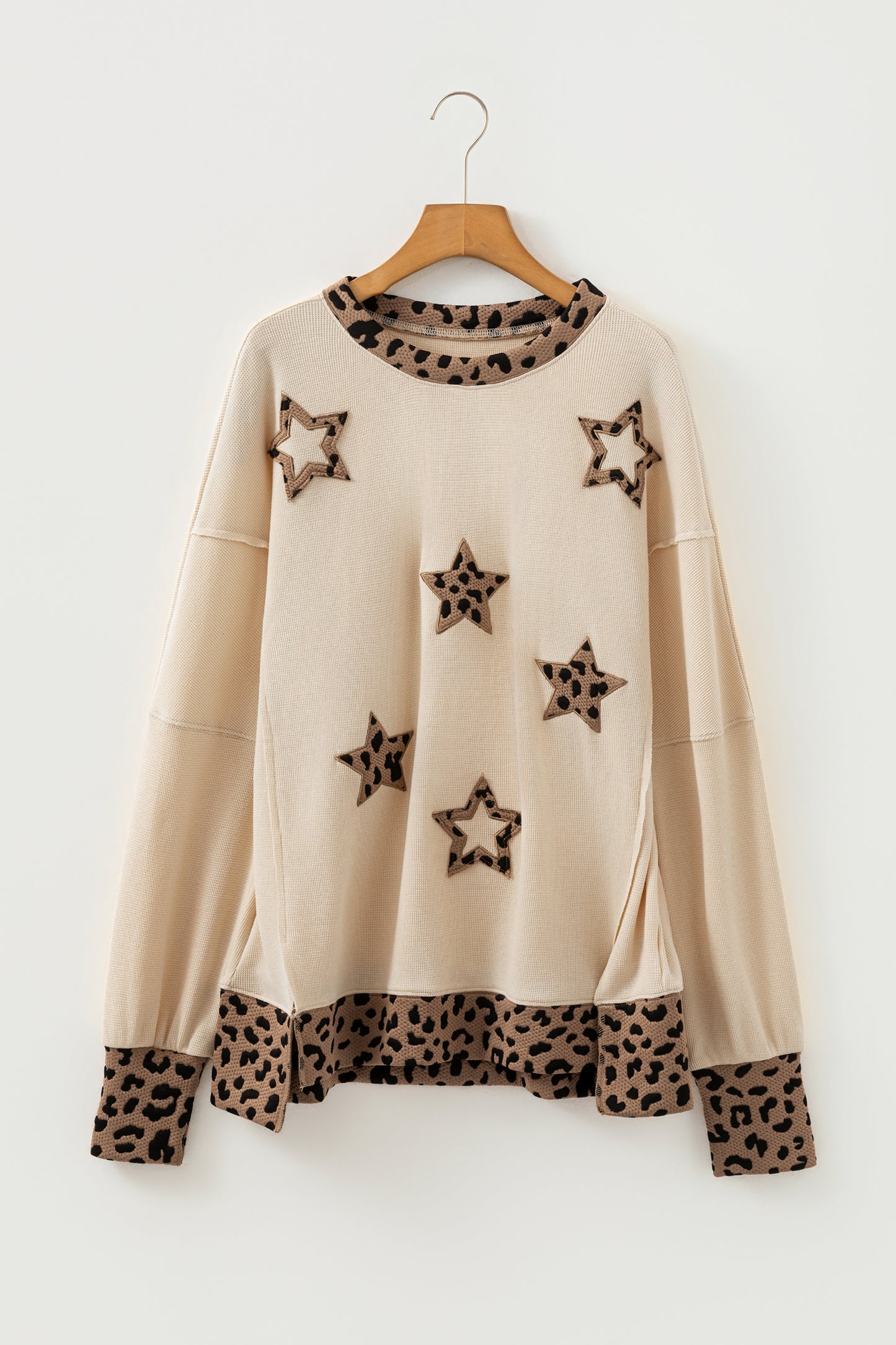 Leopard & Star Patchwork Raw-Seam Baggy Sweatshirt | Beige