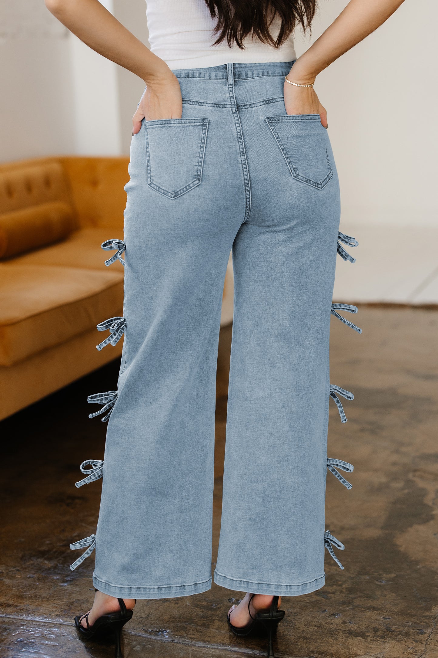 Light Blue Bow Knot Side Detail High Waist Straight Leg Jeans