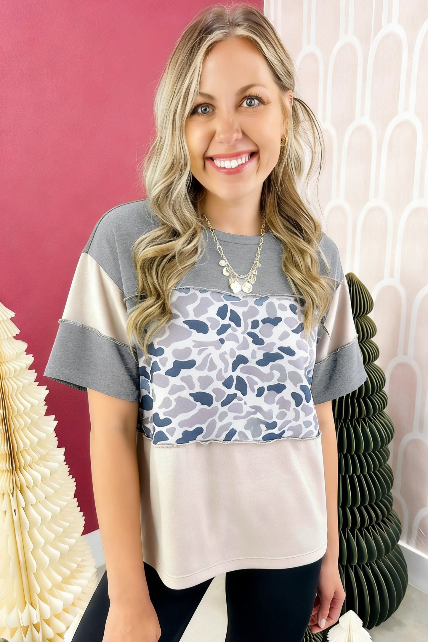 Grey Camo Colorblock Raw Seam Patchwork Tee | S–XL
