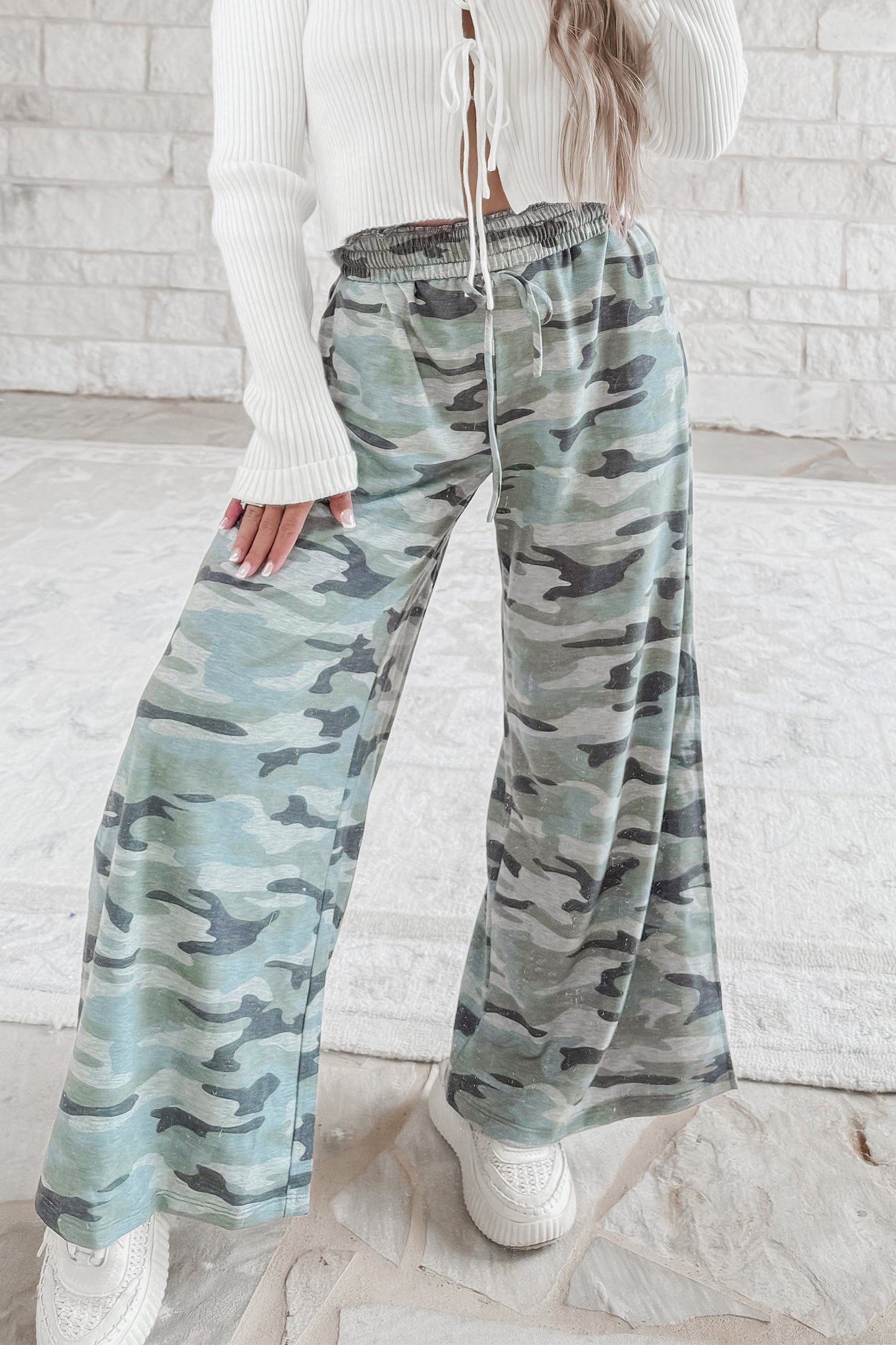 Women's Green Camo Wide Leg Drawstring Elastic Waist Pants S to XL