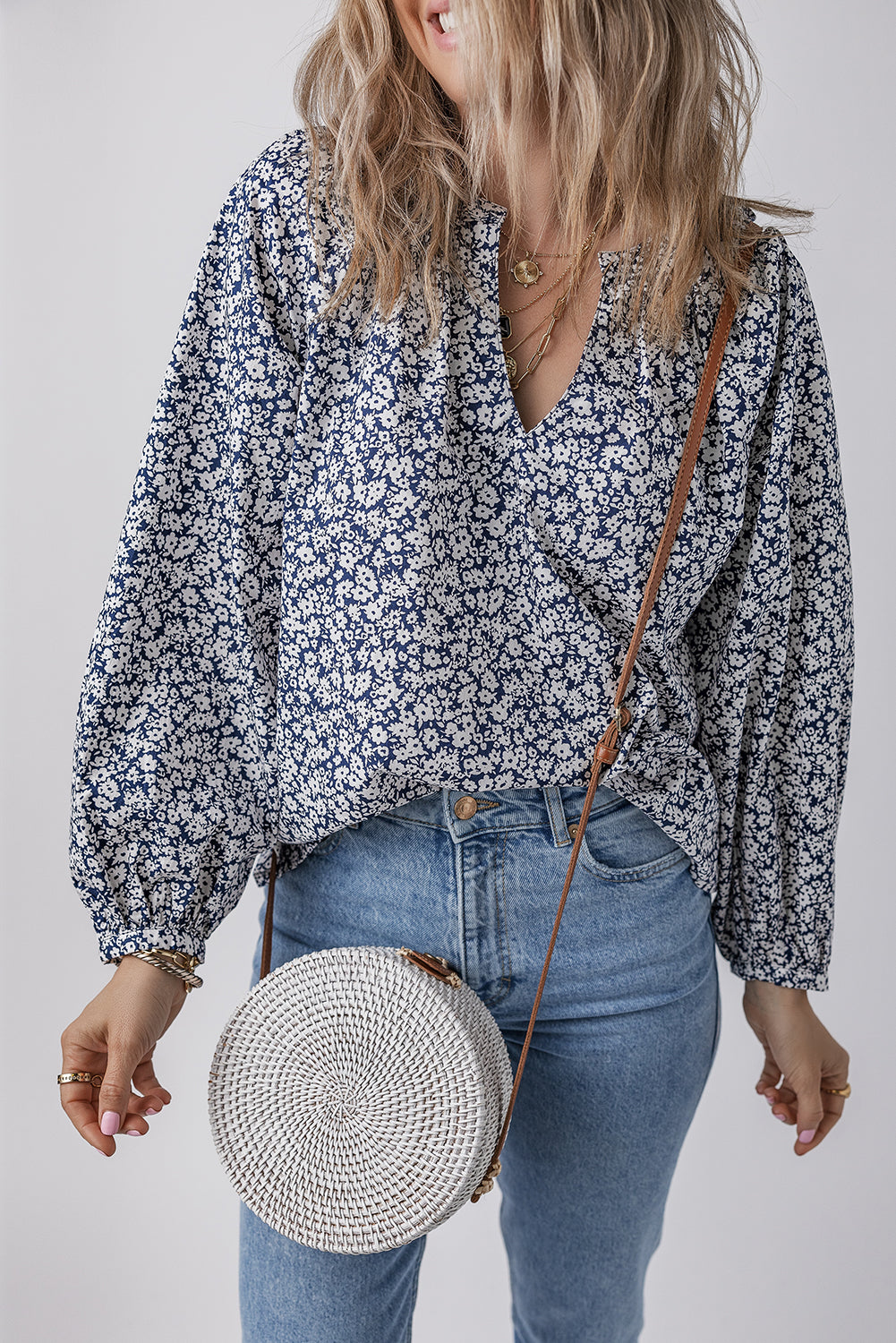 Blue Floral Print Notched V-Neck Puff Sleeve Blouse