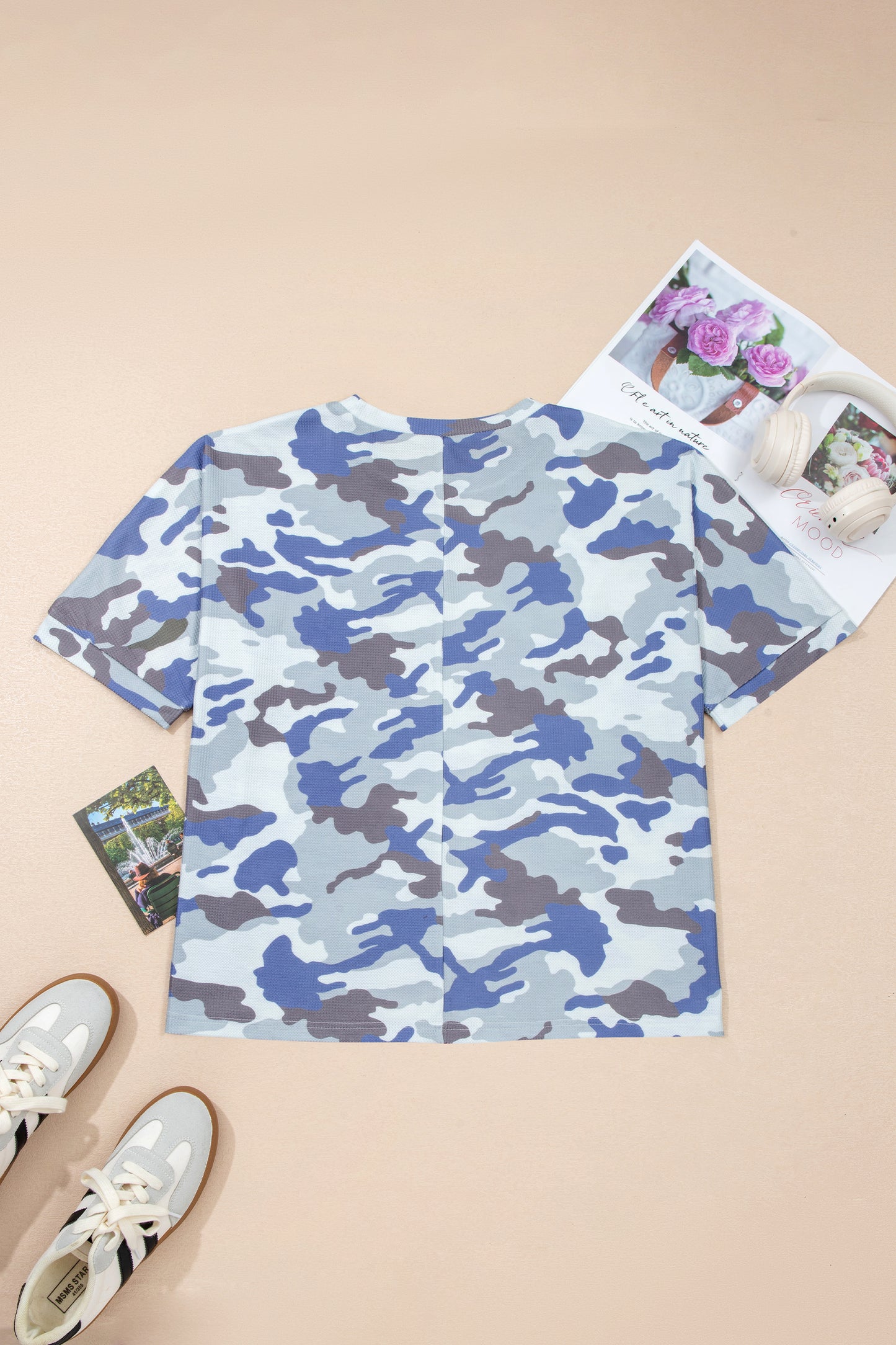 Plus Size Grey & Blue Camo Print Textured Casual Tee | 1X–4X