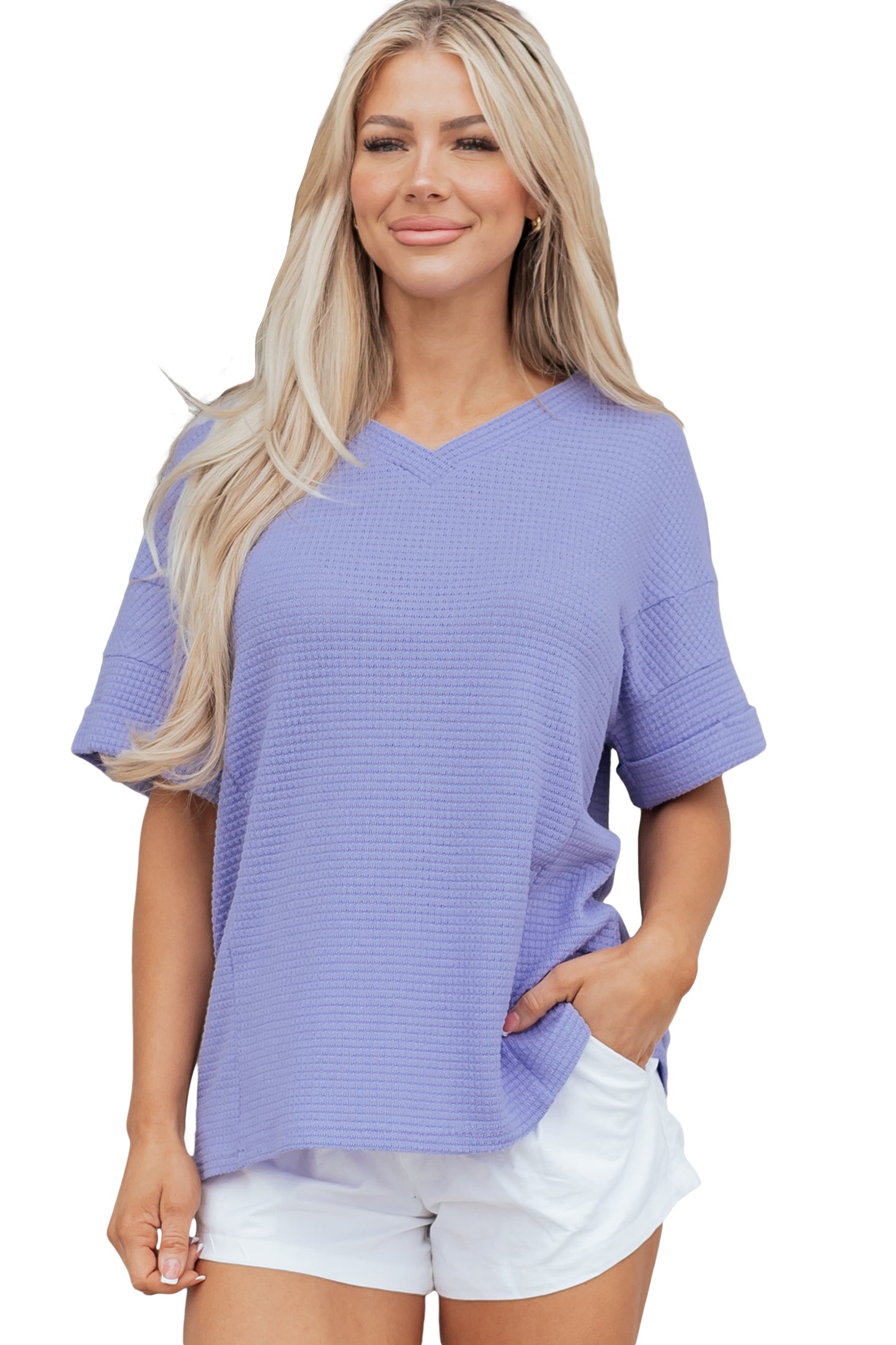 Waffle Knit V-Neck Short Sleeve Cuffed Top