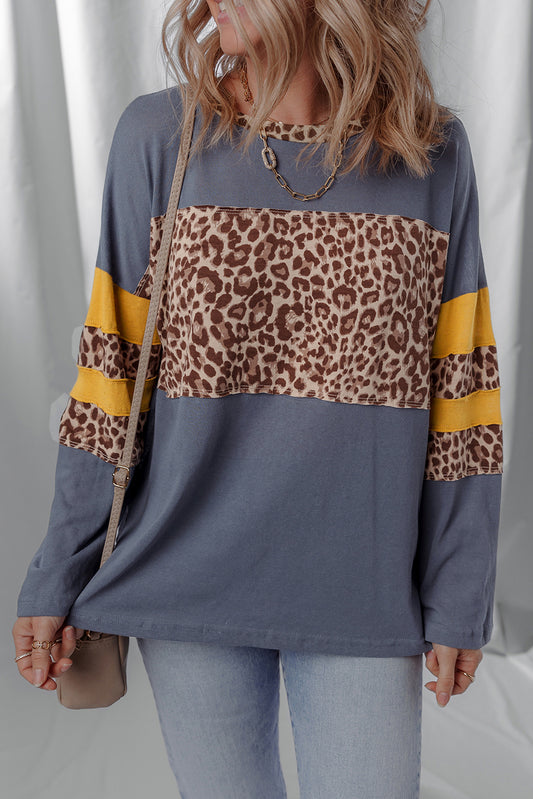 Blue Leopard Print Drop Shoulder Long Sleeve Top – Women S–XL
