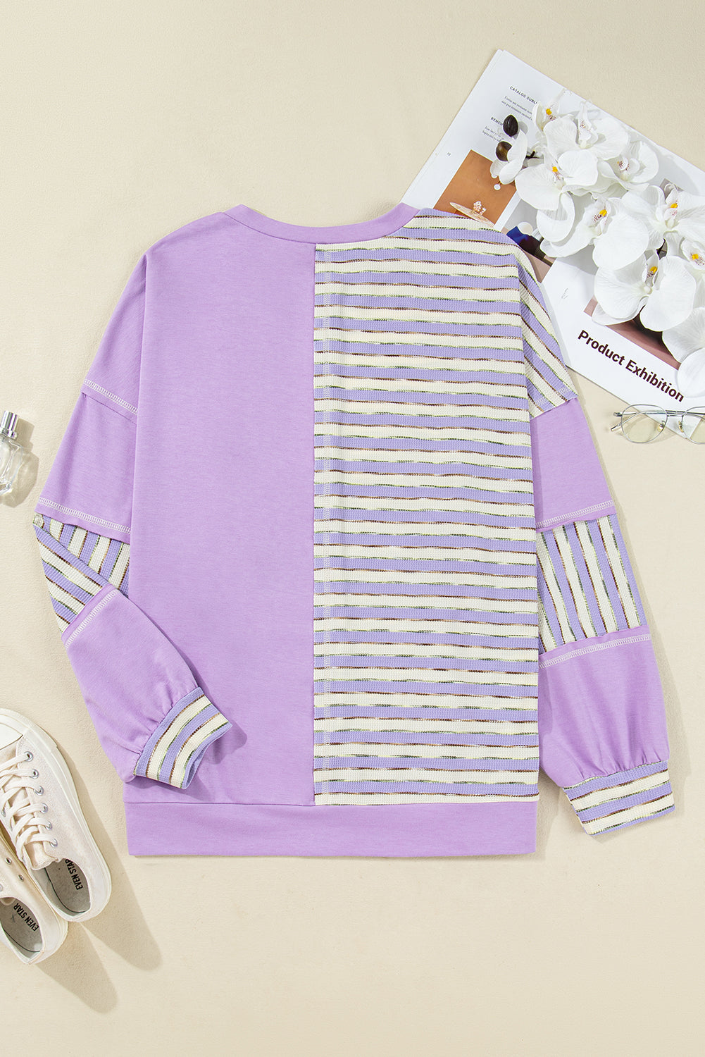 Stripe Patchwork Henley Drop Shoulder Pullover | Plus Size | Purple Stripe | 1X–4X