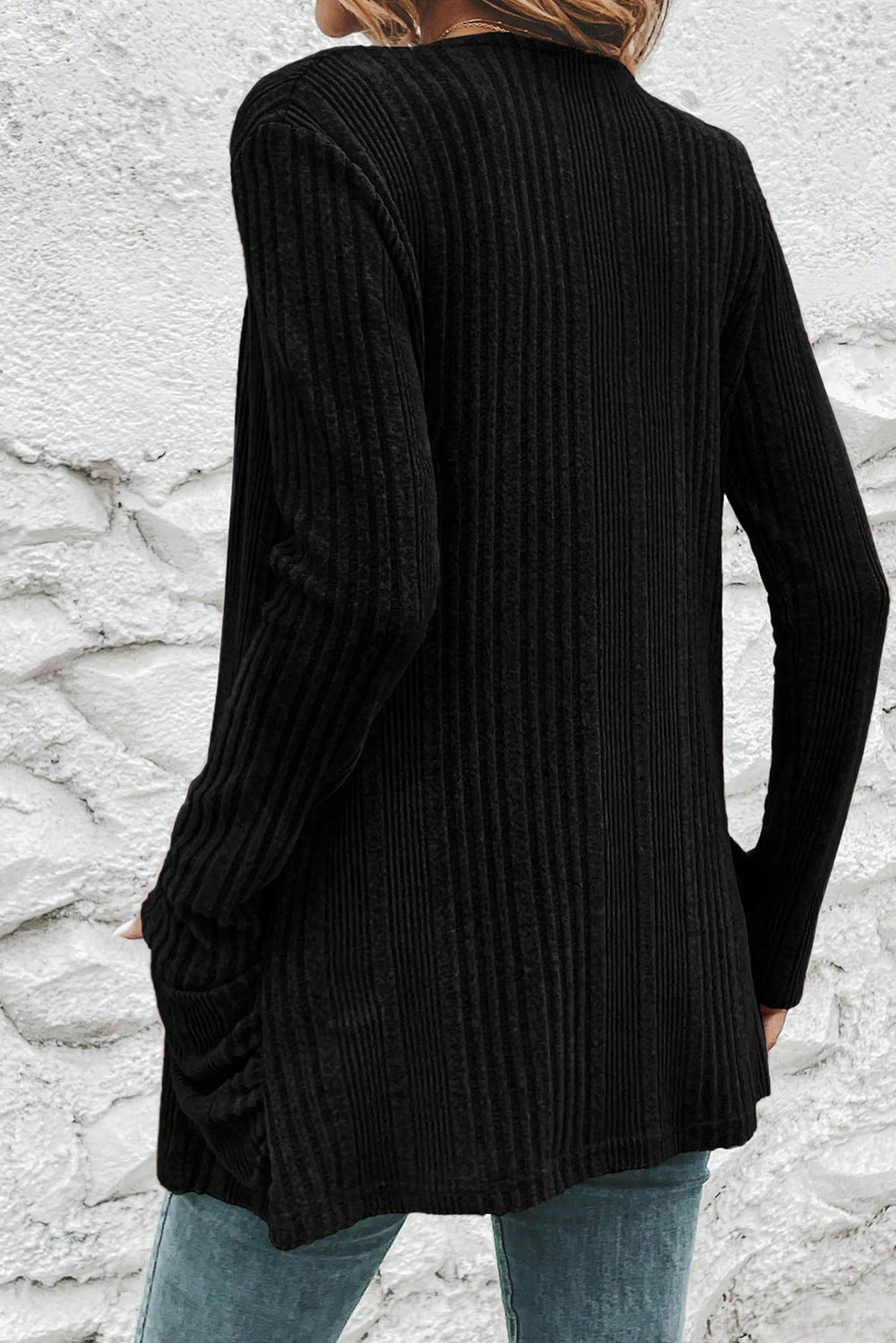 Ribbed Open Front Knitted Cardigan with Pockets