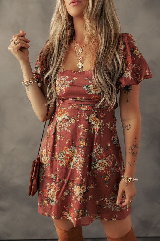 Terracotta Floral Puff Sleeve Square Neck Knot Open Back Mini Dress