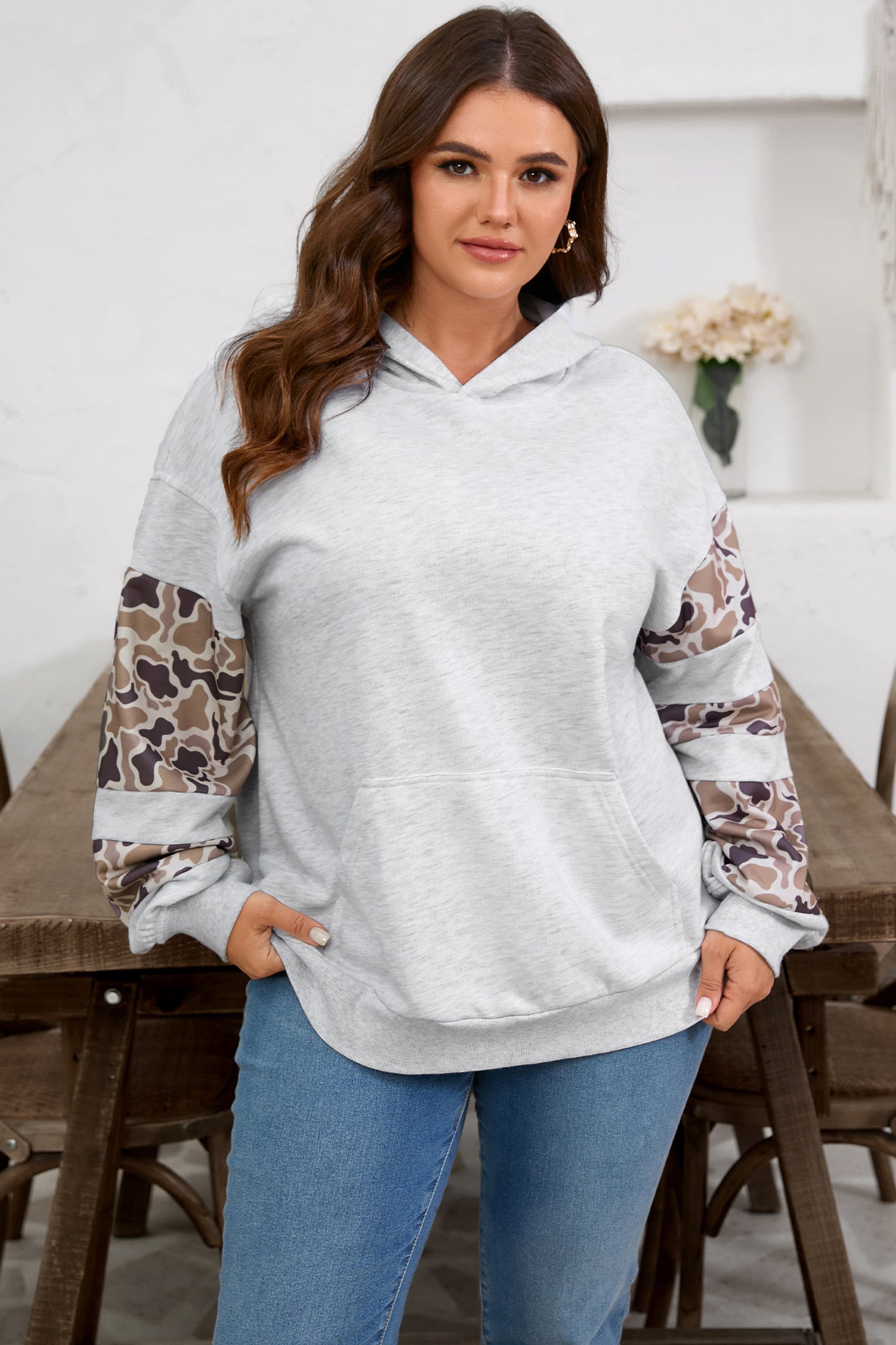 Camo Patchwork Asymmetric Sleeve Hoodie | Plus Size | Light Grey | 1X–4X
