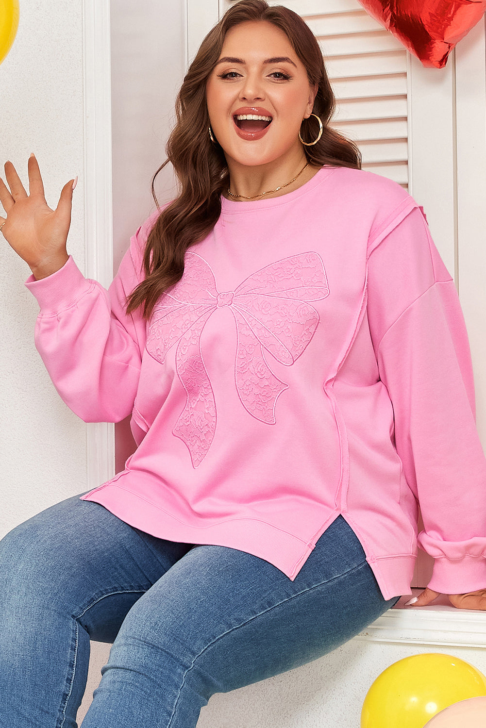 Lace Bow Dolman Sleeve Side Slit Ribbed Sweatshirt | Plus Size | Pink | 1X–4X