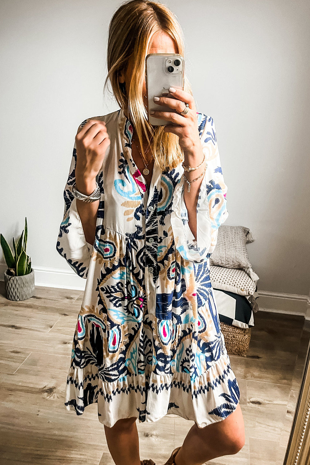 White Tribal Print Bracelet Sleeve Buttoned Mini Dress | S–XL