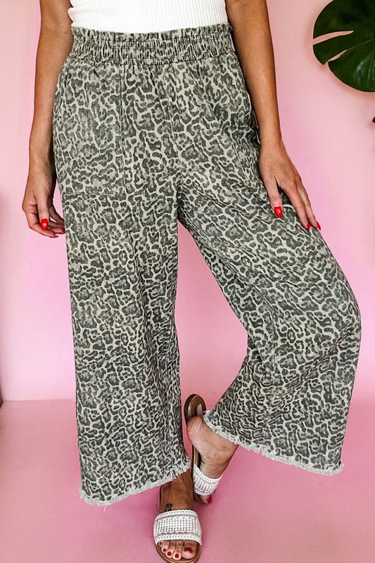 Leopard Print Elastic Waist Loose Pull-On Jeans in Brown