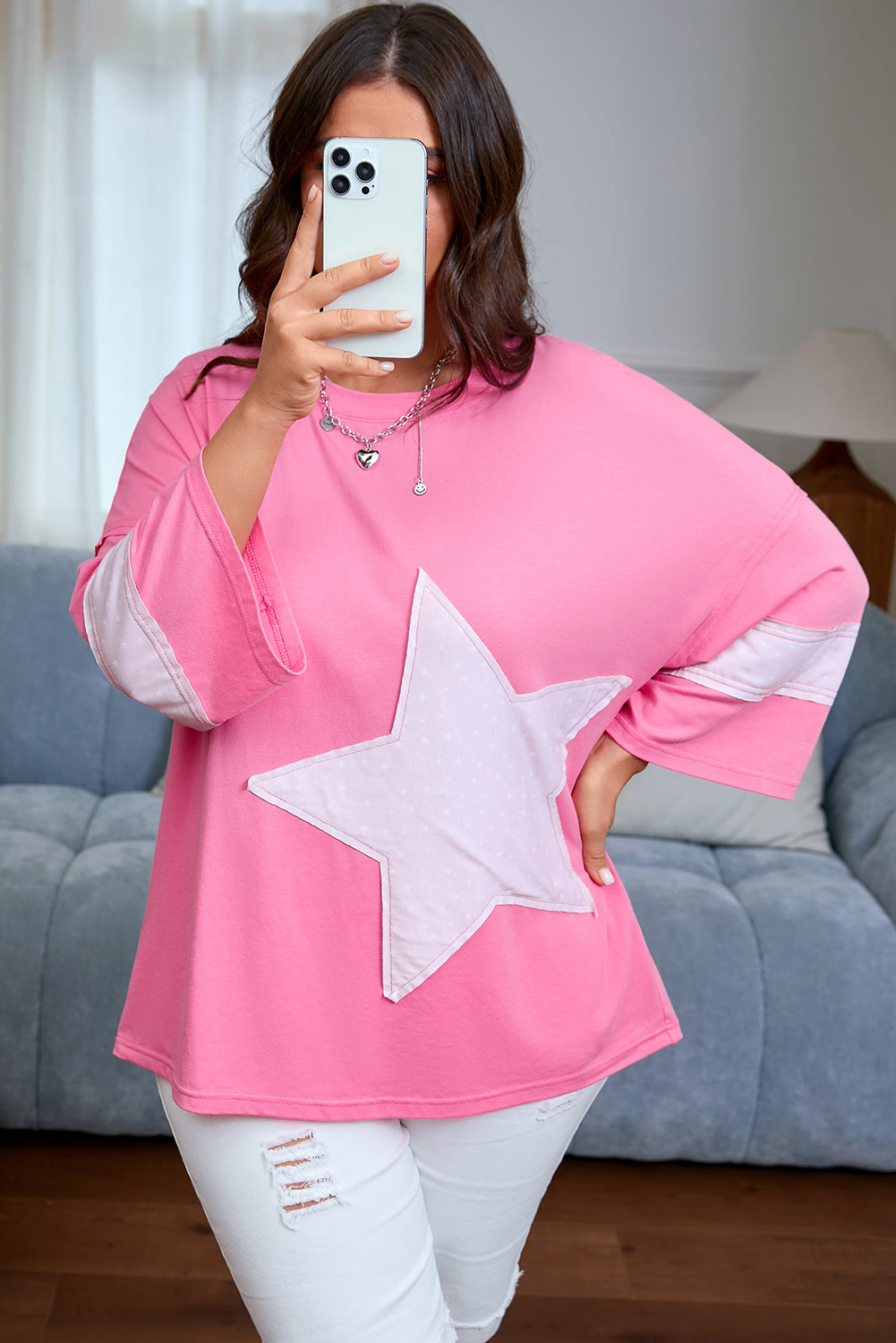 Star Patch Colorblock Raw Edge Loose Tee | Plus Size | Pink | 1X–4X