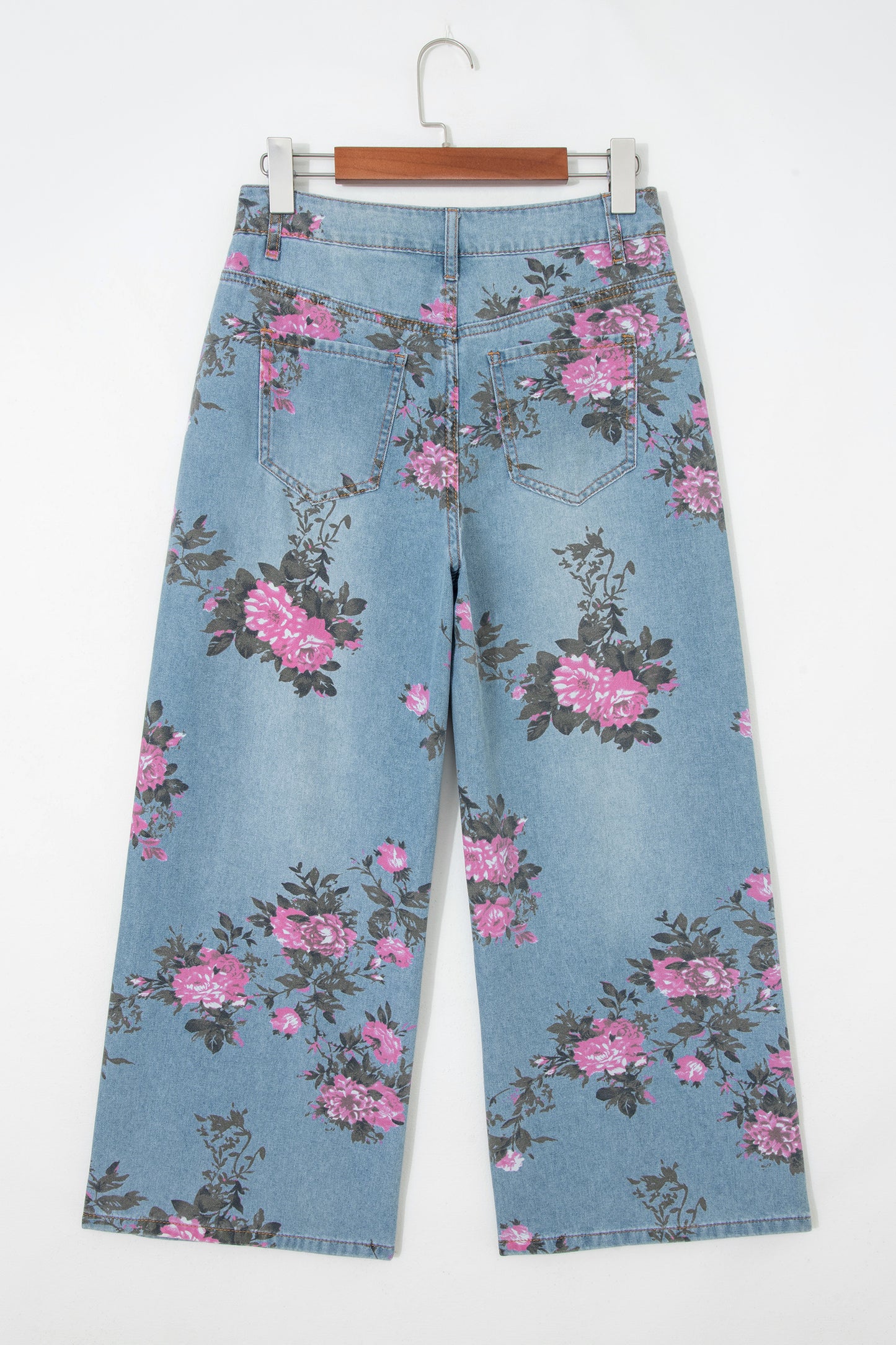 Light Blue Floral Print Cropped Wide Leg Jeans Women Size 4–16