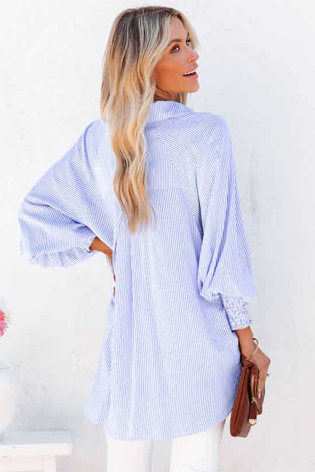 Smocked Cuff Striped Boyfriend Shirt.  S-2x