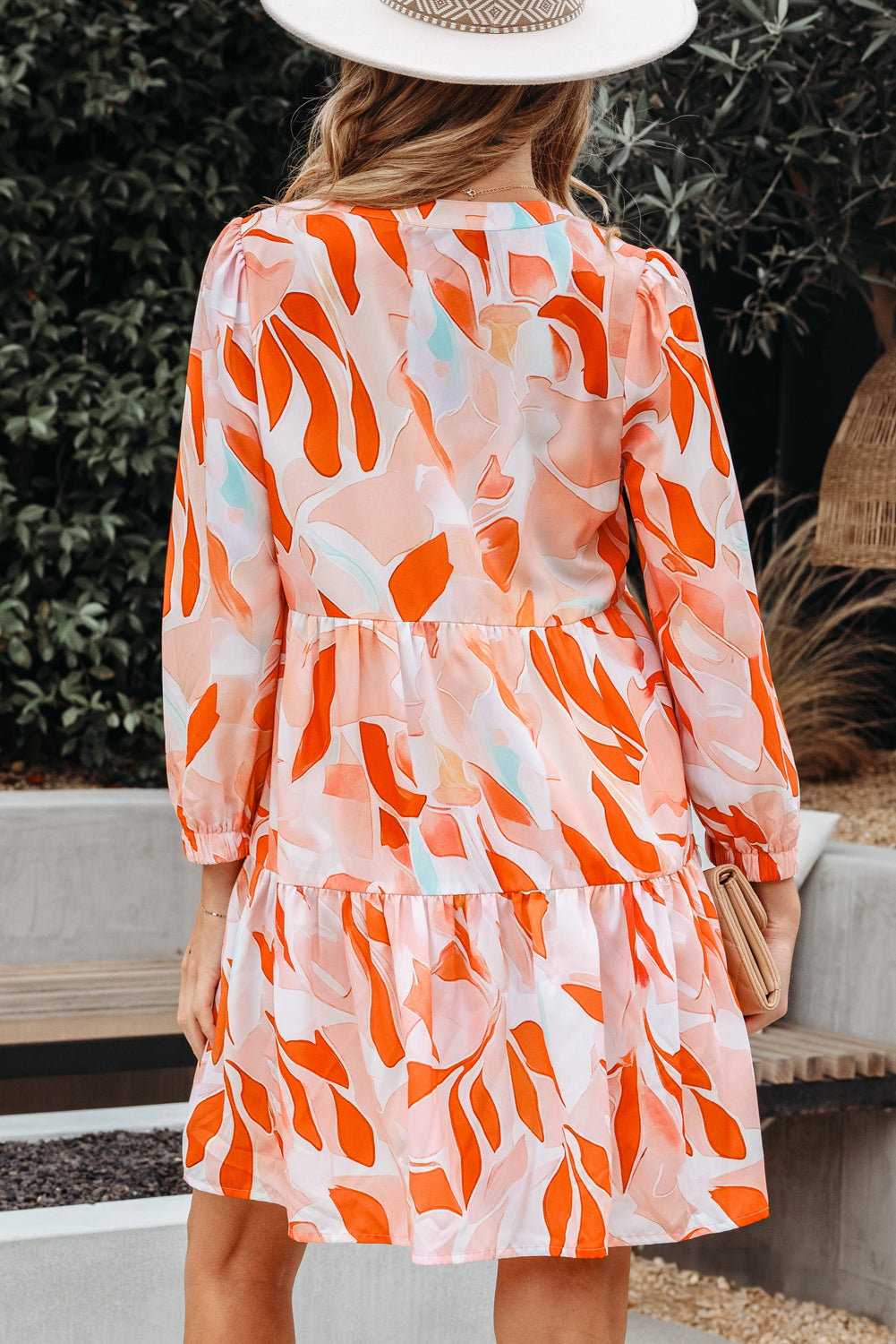 Orange Abstract Print Long Sleeve Midi Dress Women S–XL