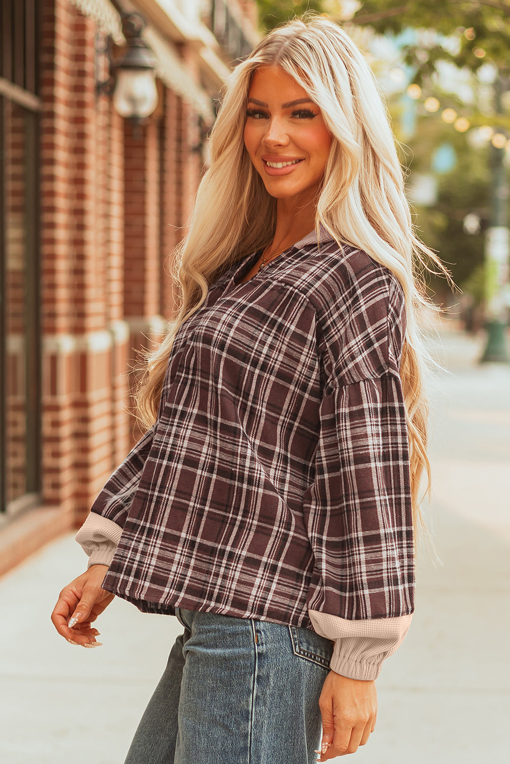 Plaid Patchwork Quarter-Button V-Neck Hooded Long Sleeve Blouse