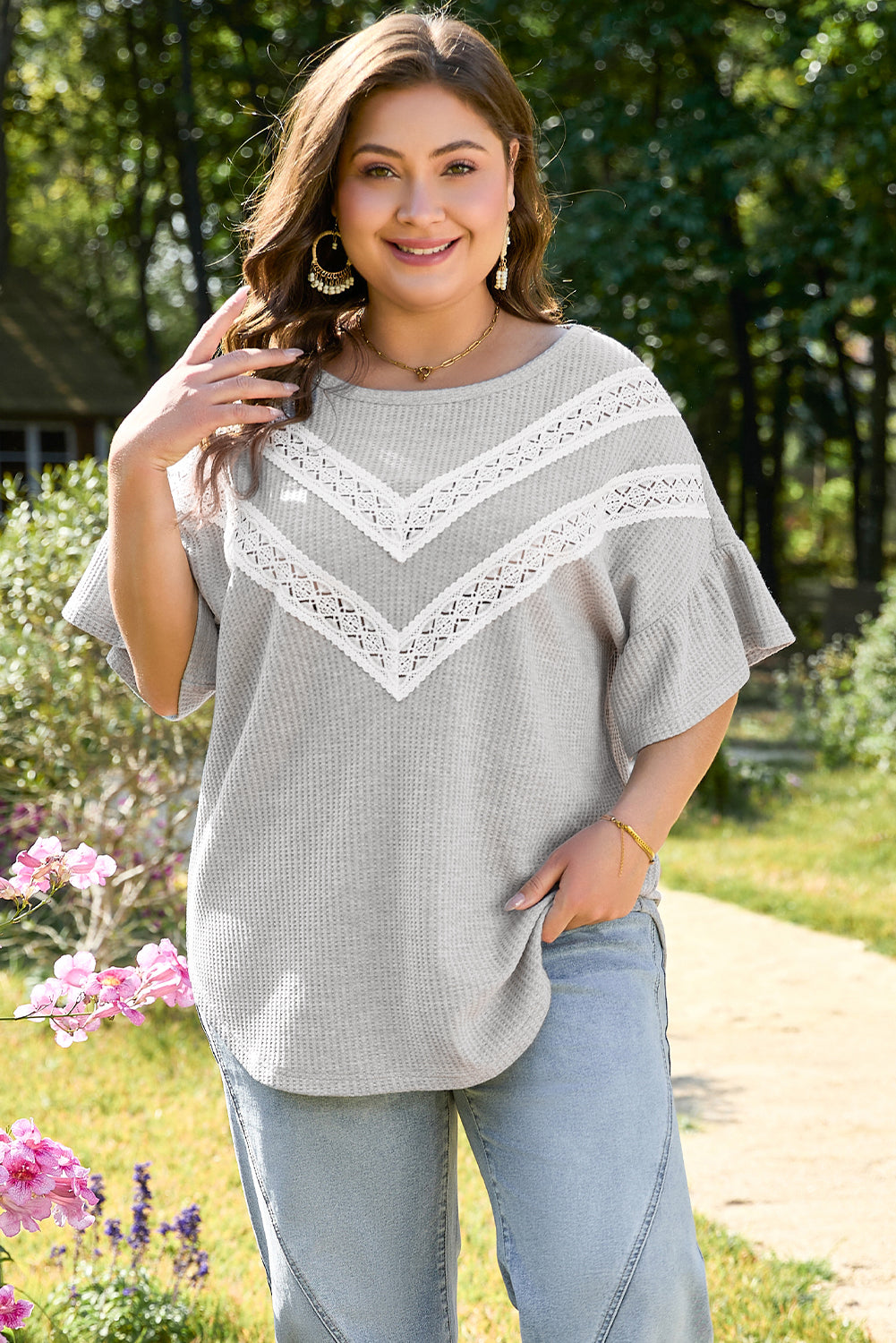 Plus Size Light Grey Waffle Knit Ruffle Top Women 1X–4X