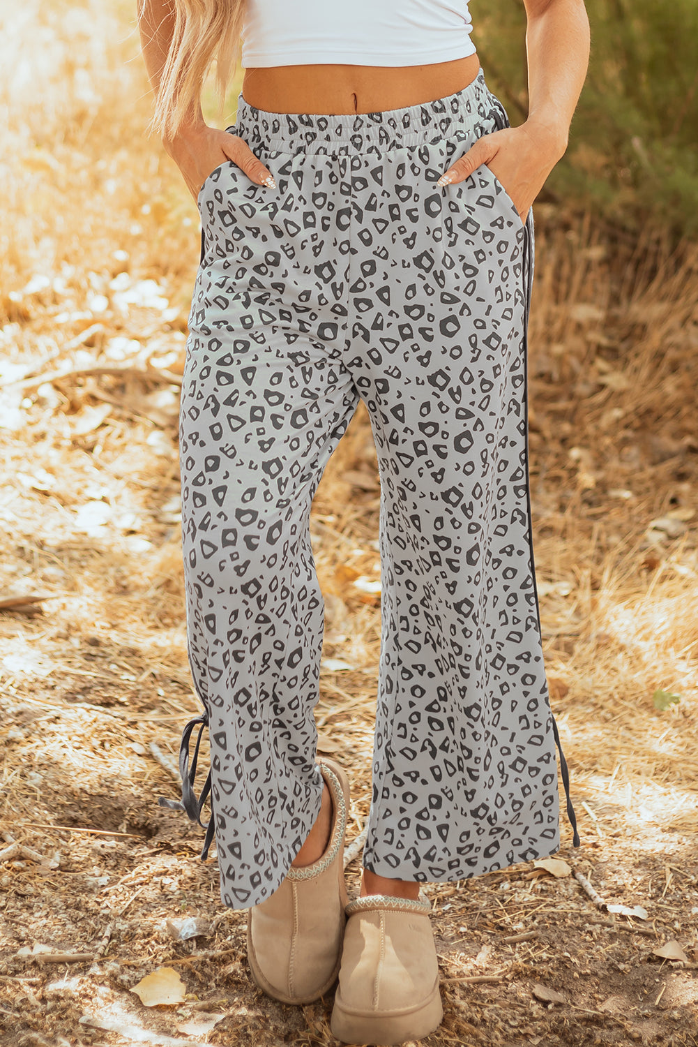 Gray Leopard Print High Waist Side Bow Straight Leg Pants