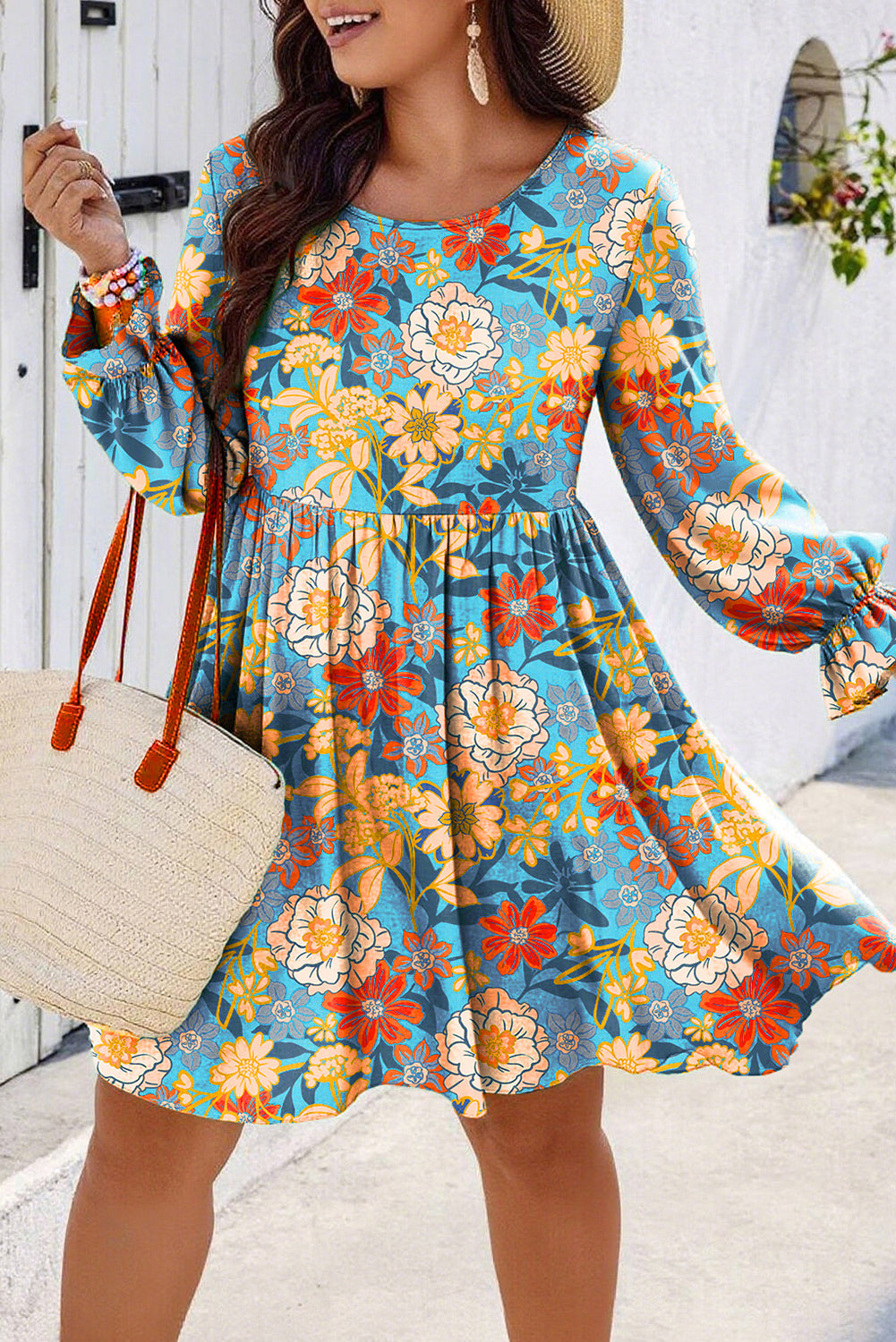 Plus Size Floral Flounce Sleeve Pleated Mini Dress in Blue