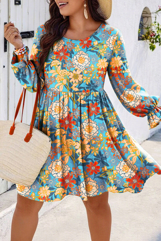 Plus Size Floral Flounce Sleeve Pleated Mini Dress in Blue
