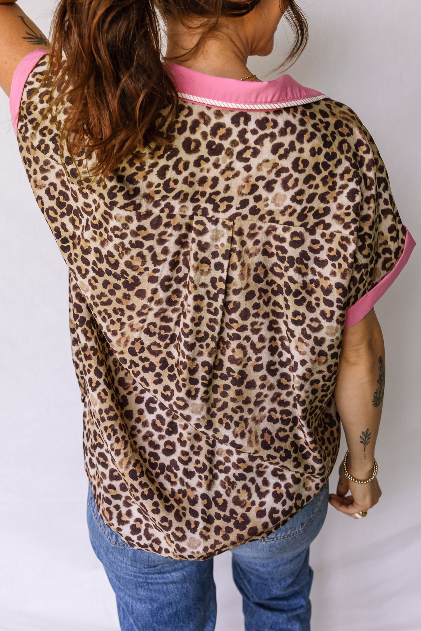 Leopard Print Contrast Trim Button-Up Short Sleeve Shirt