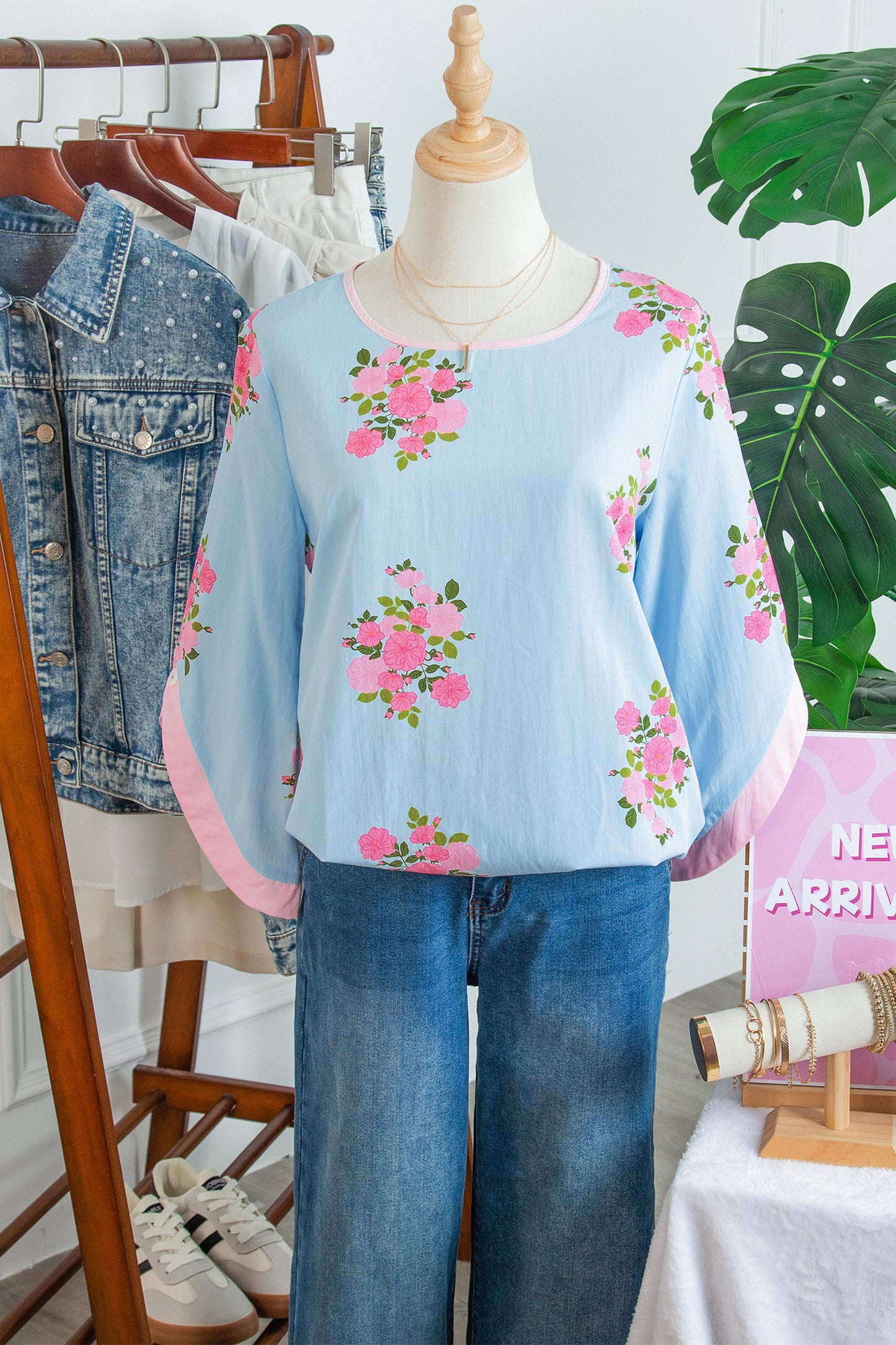 Floral Print 3/4 Sleeve Button Detail Blouse Women S–XL