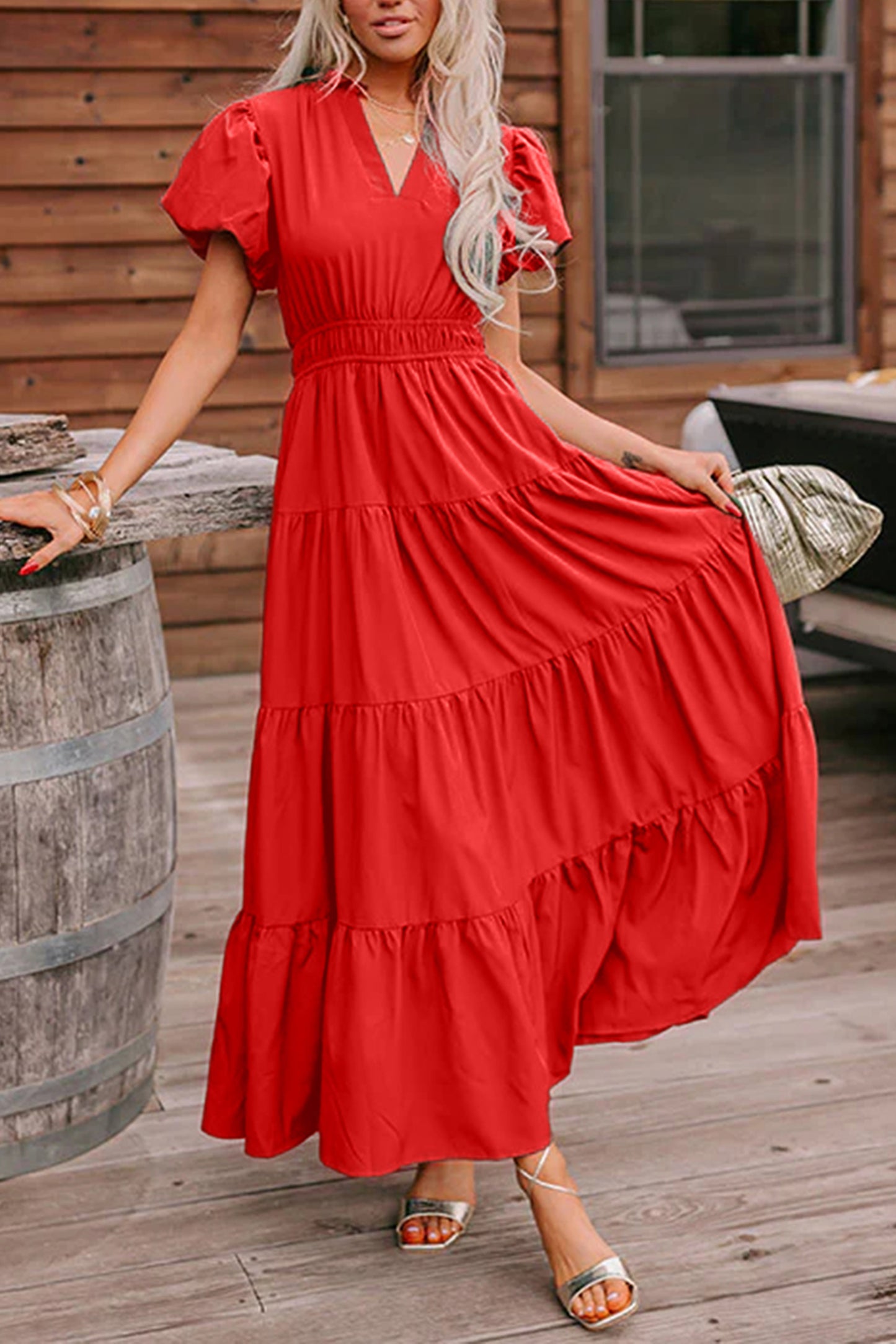 V-Neck Puff Sleeve High Waist Tiered Maxi Dress | 5 Colours | S–XL