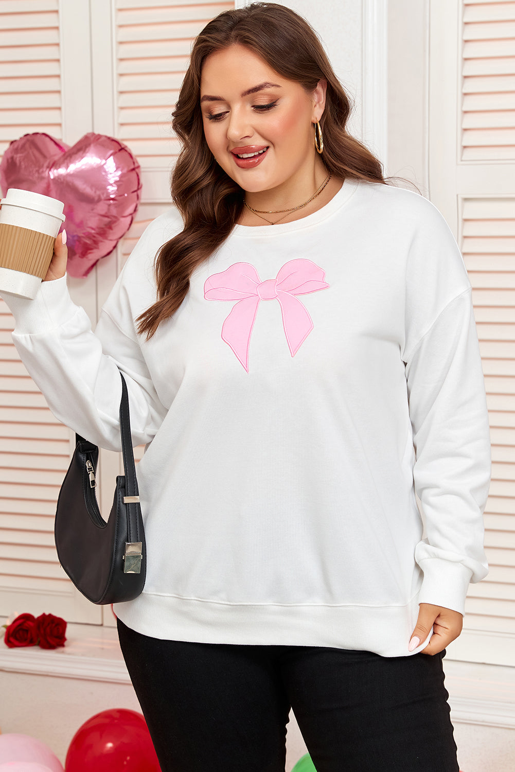 Bow Accent Drop Shoulder Sweatshirt – White Plus Size 1X–4X