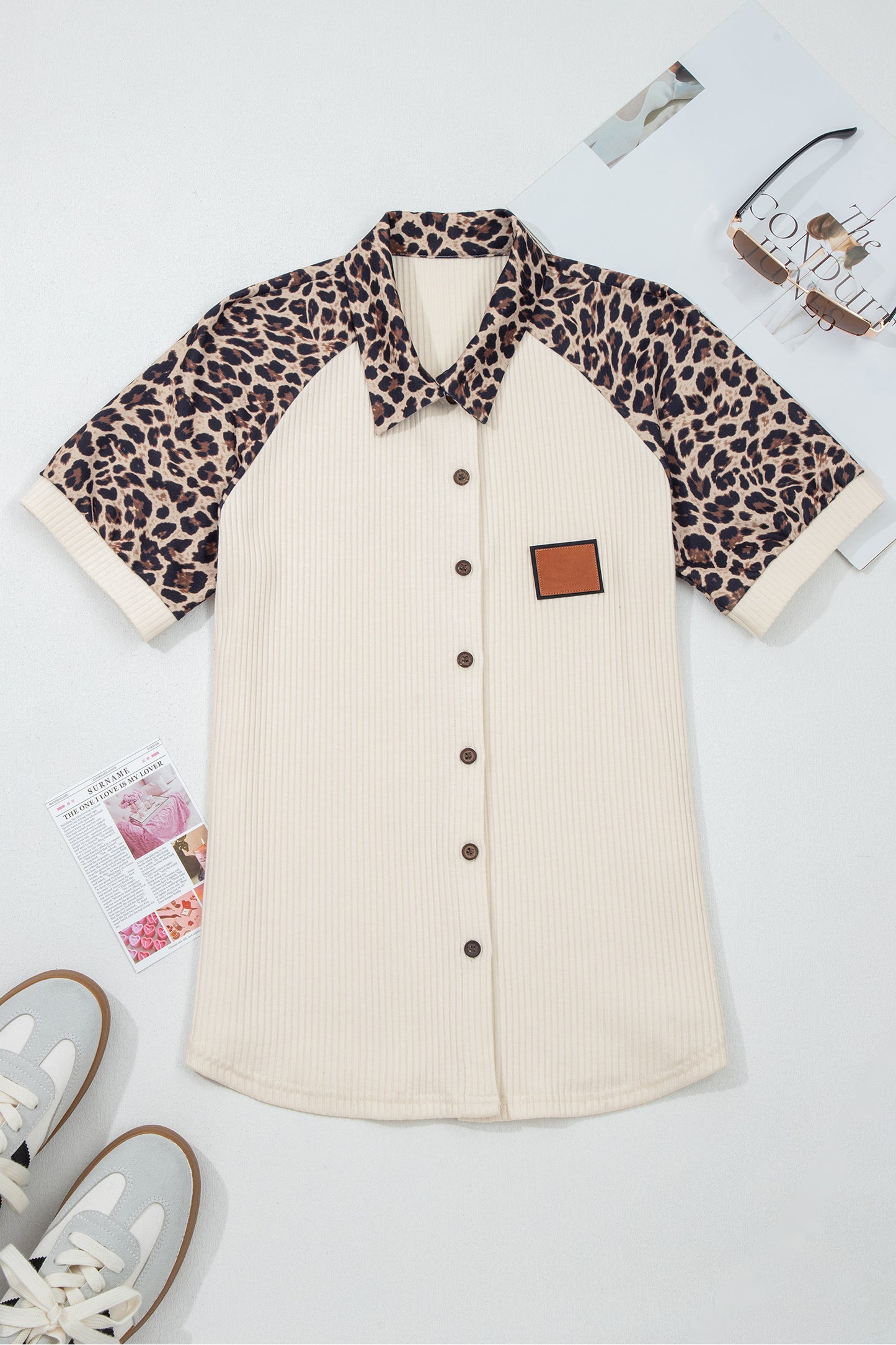 White Ribbed Leopard Patchwork Short Sleeve Shirt | Women S–XL