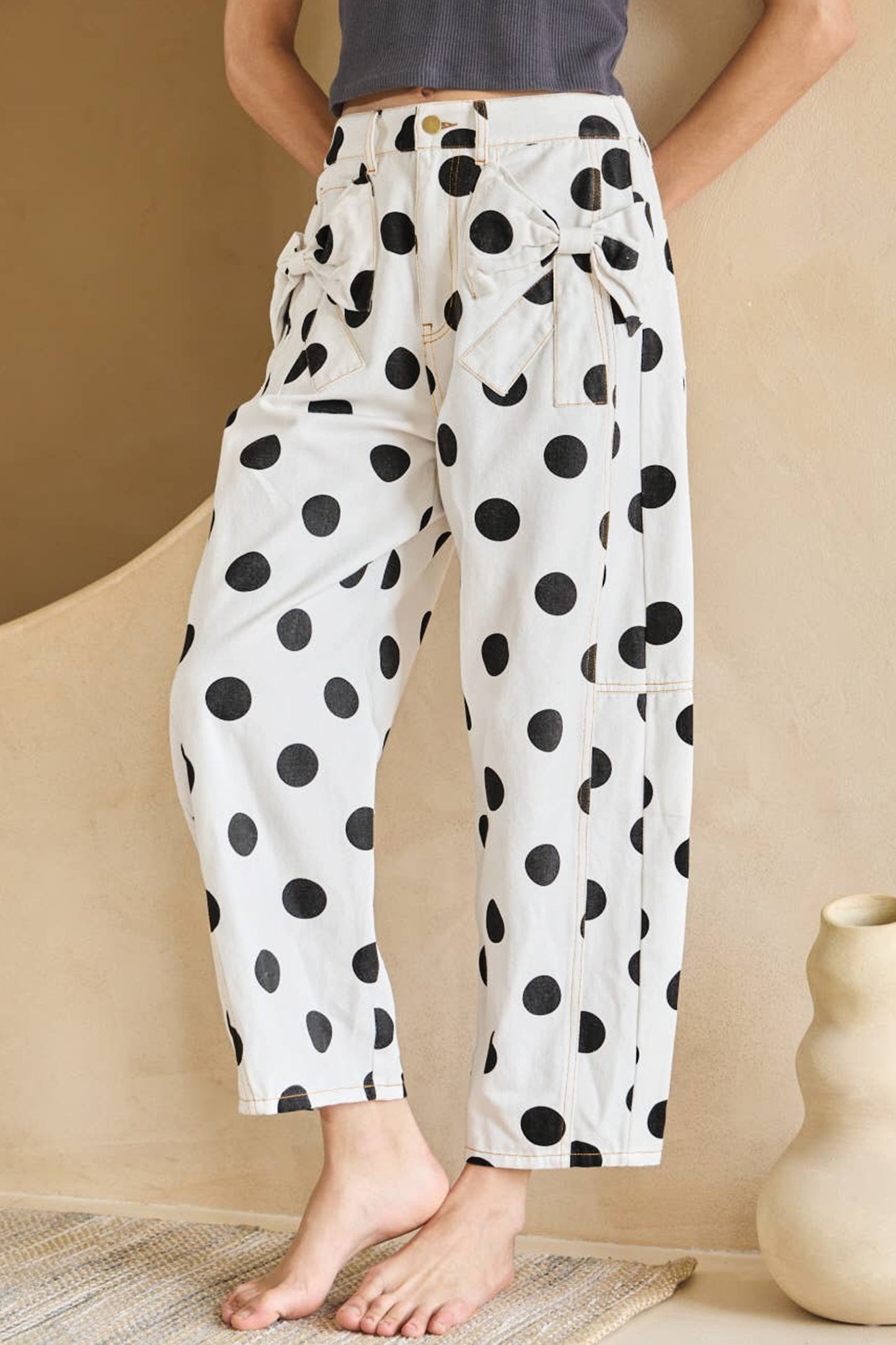 Polka Dot Bow Pocket Jeans Women Light Blue & White Size 4–16