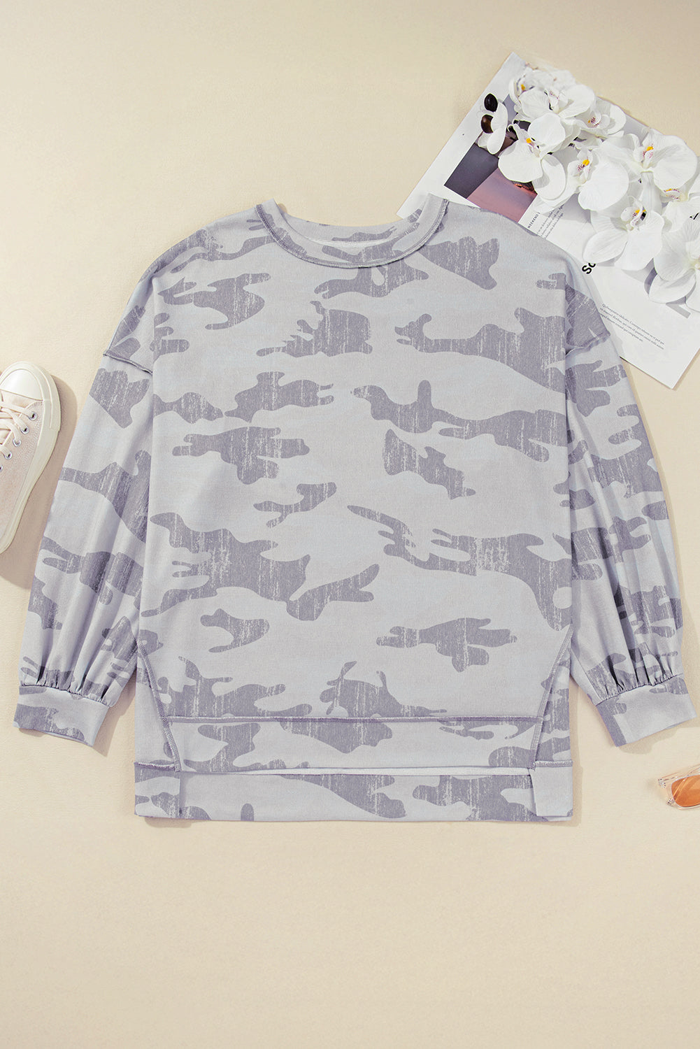 Two-Tone Grey Camo Print Round Neck Sweatshirt | Plus Size | 1X–4X