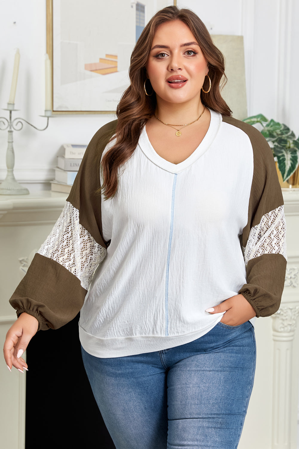 Colorblock Lace Patchwork Balloon Sleeve V-Neck Blouse | Plus Size | White & Sage Green | 1X–4X