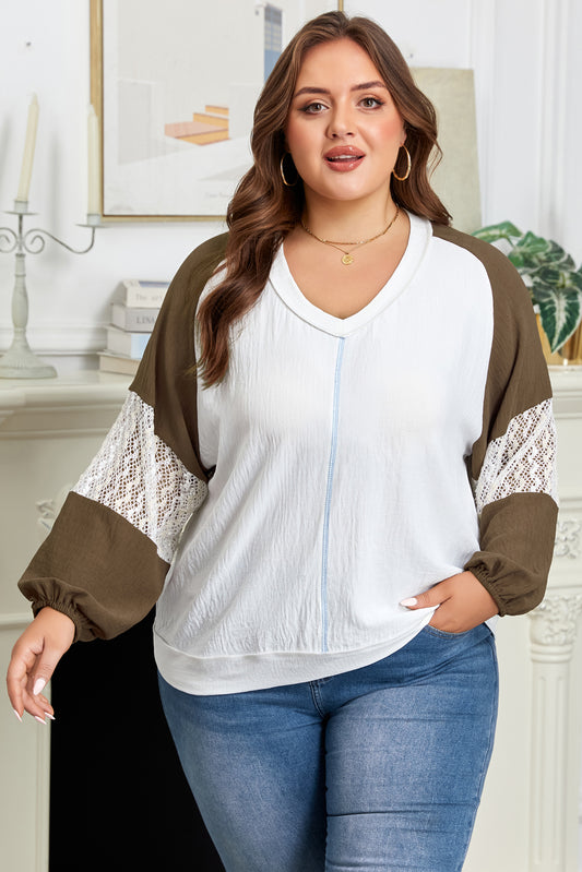 Colorblock Lace Patchwork Balloon Sleeve V-Neck Blouse | Plus Size | White & Sage Green | 1X–4X