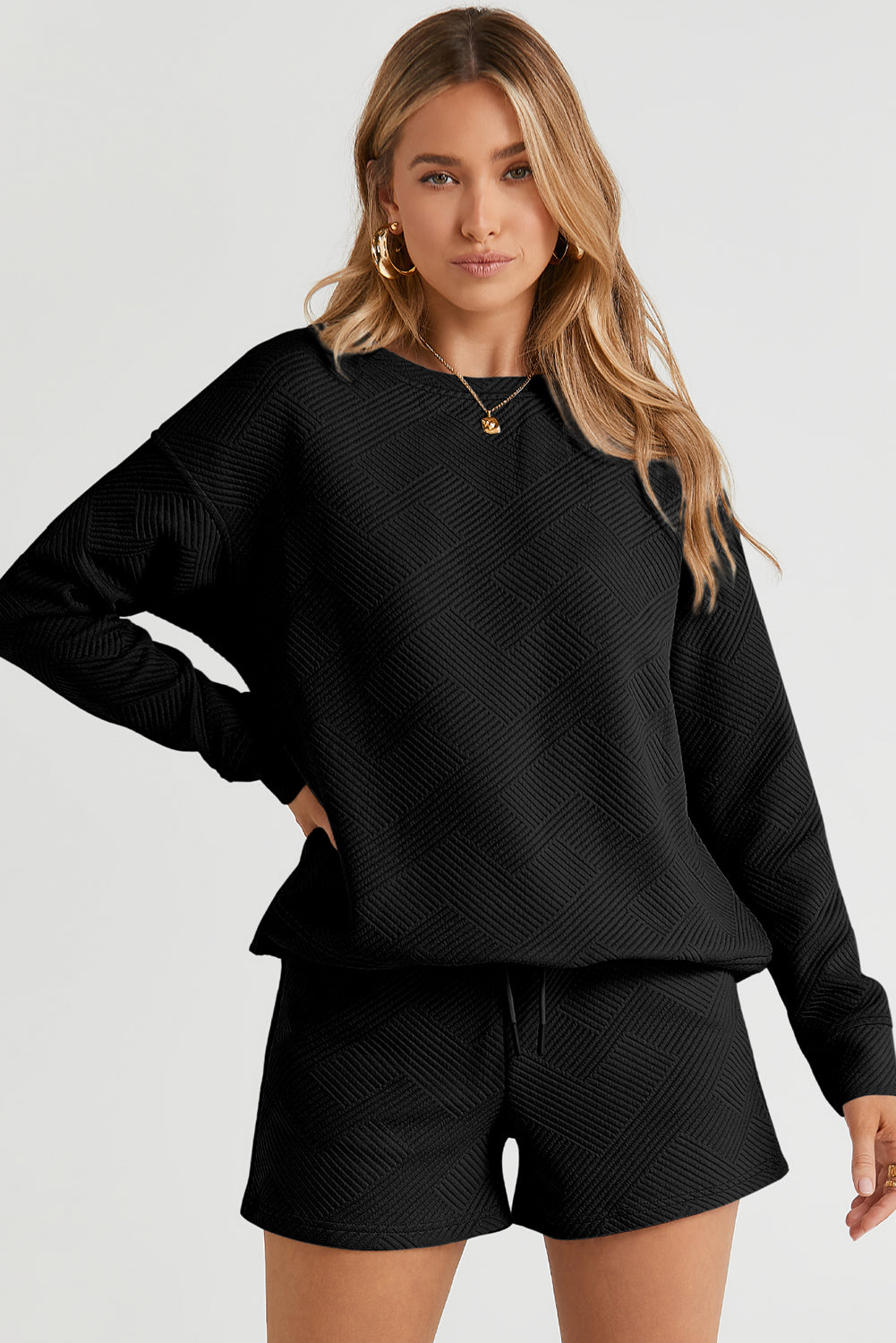 Green Black Textured Long Sleeve Top Drawstring Shorts Set