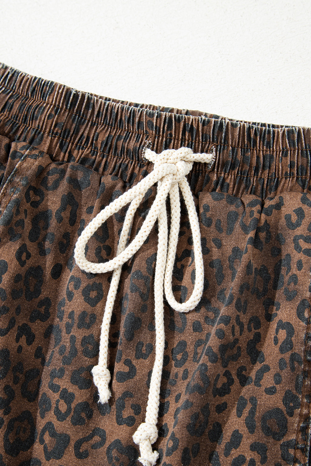 Brown Leopard Print Drawstring Elastic Waist Denim Skort