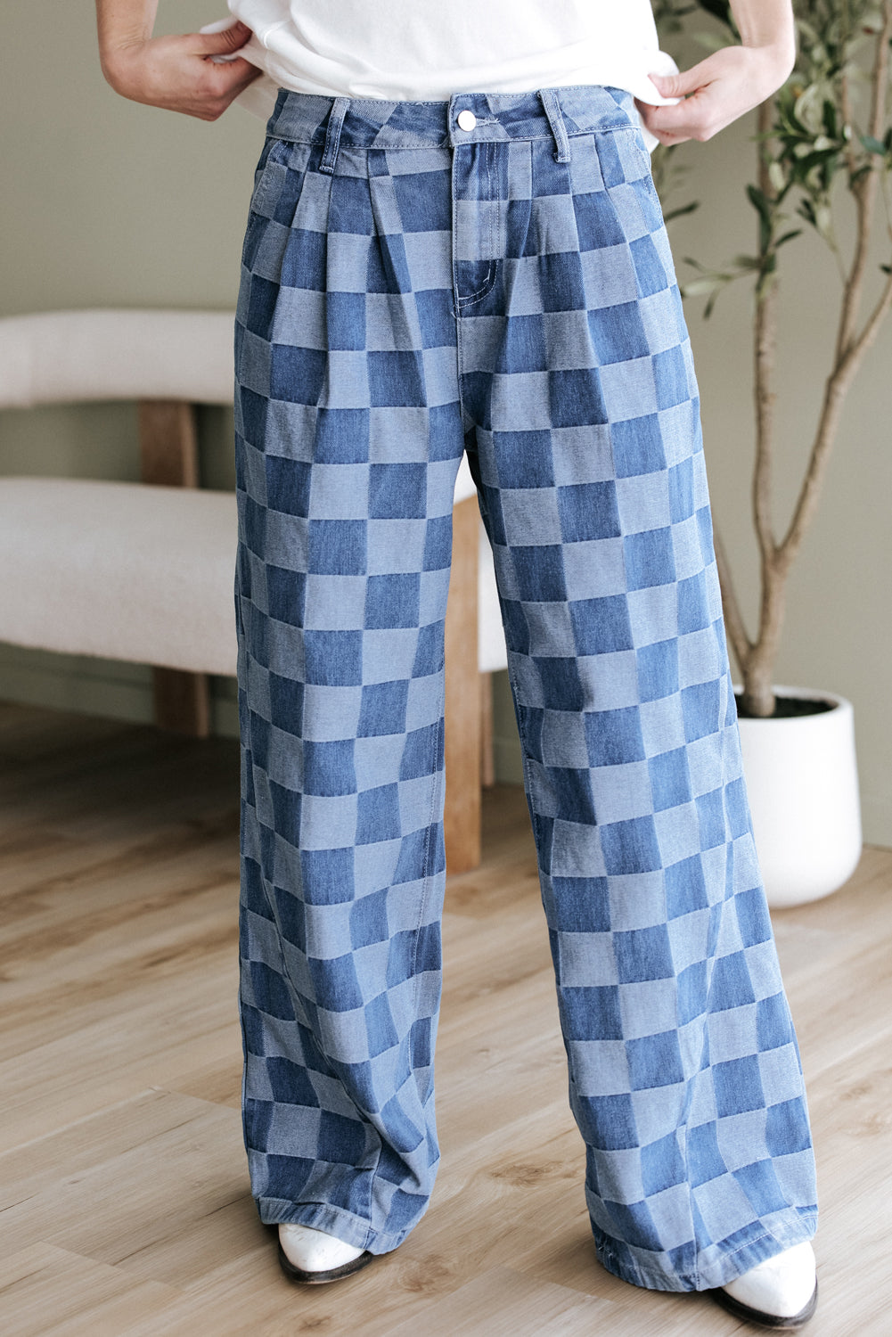 Denim Wide Leg Jeans Checkered Light Blue Women Size 4–16