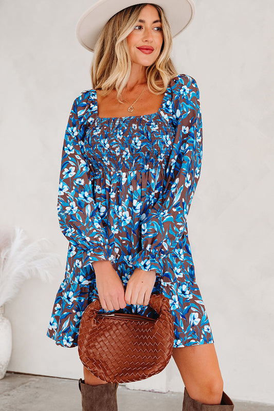 Smocked Bodice High Waist Ruffle Sleeve Floral Dress