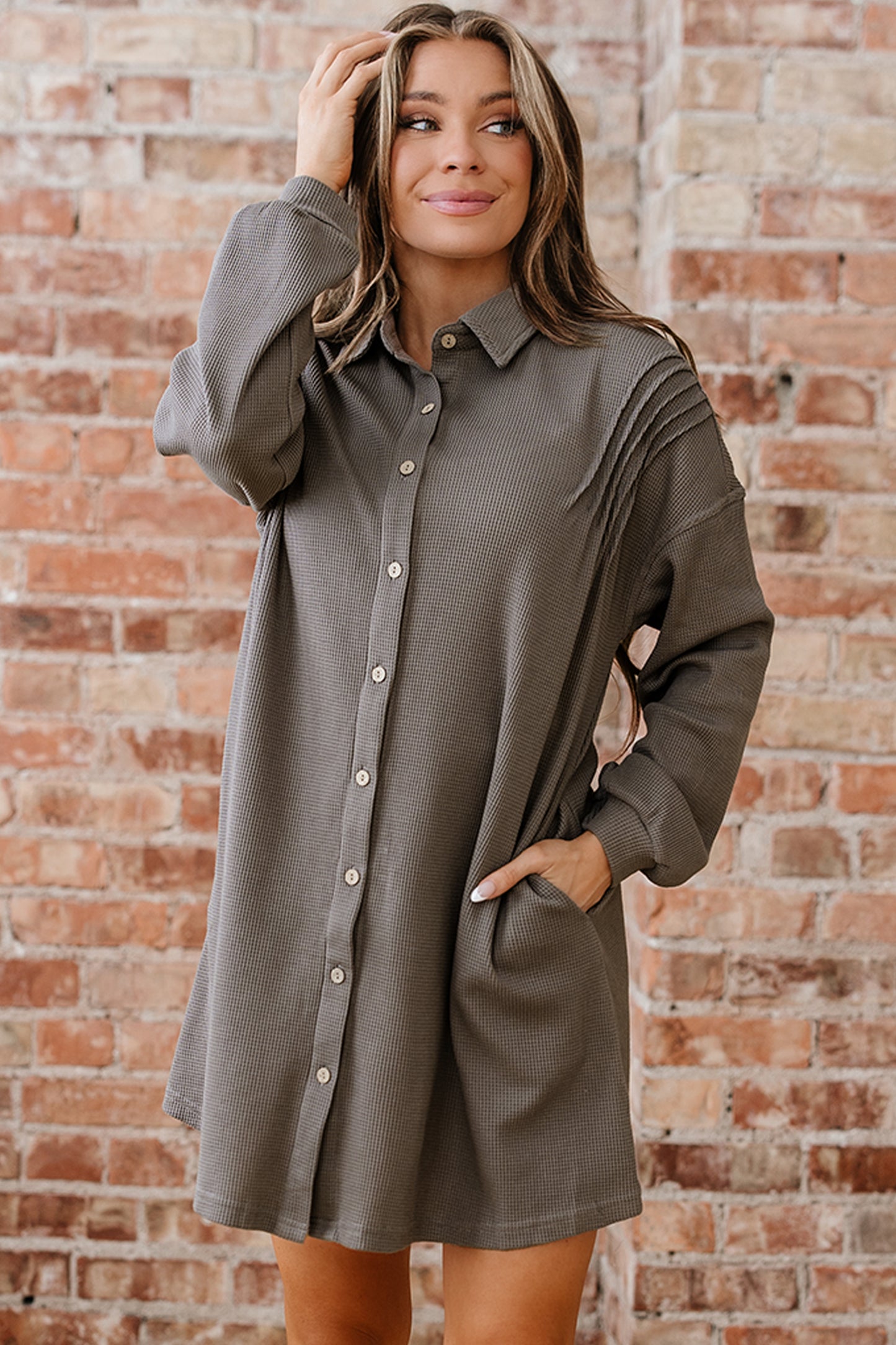 Taupe Waffle Knit Shirt Tunic Dress