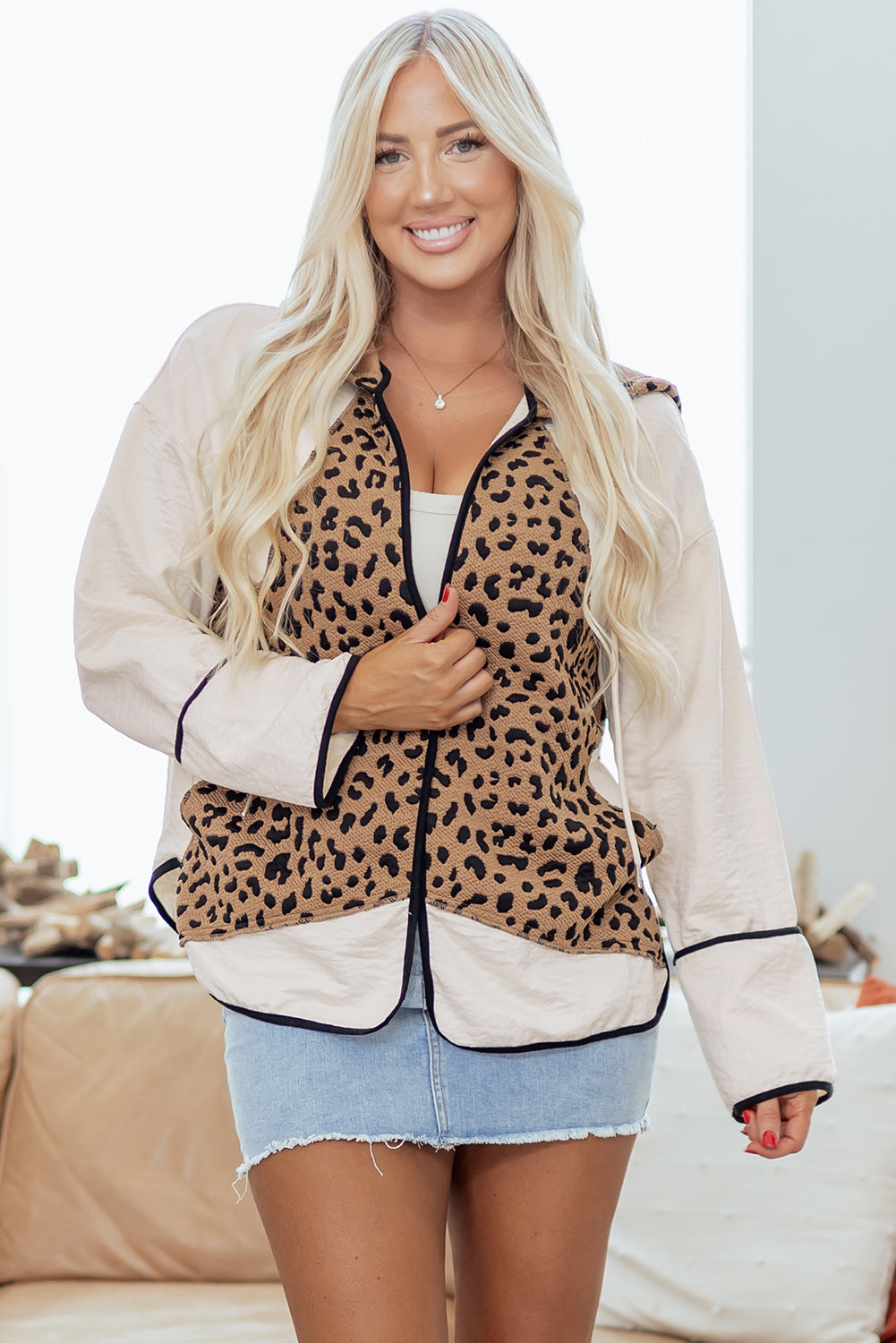 Brown Leopard Star Patchwork Contrast Piping Hooded Open Front Jacket