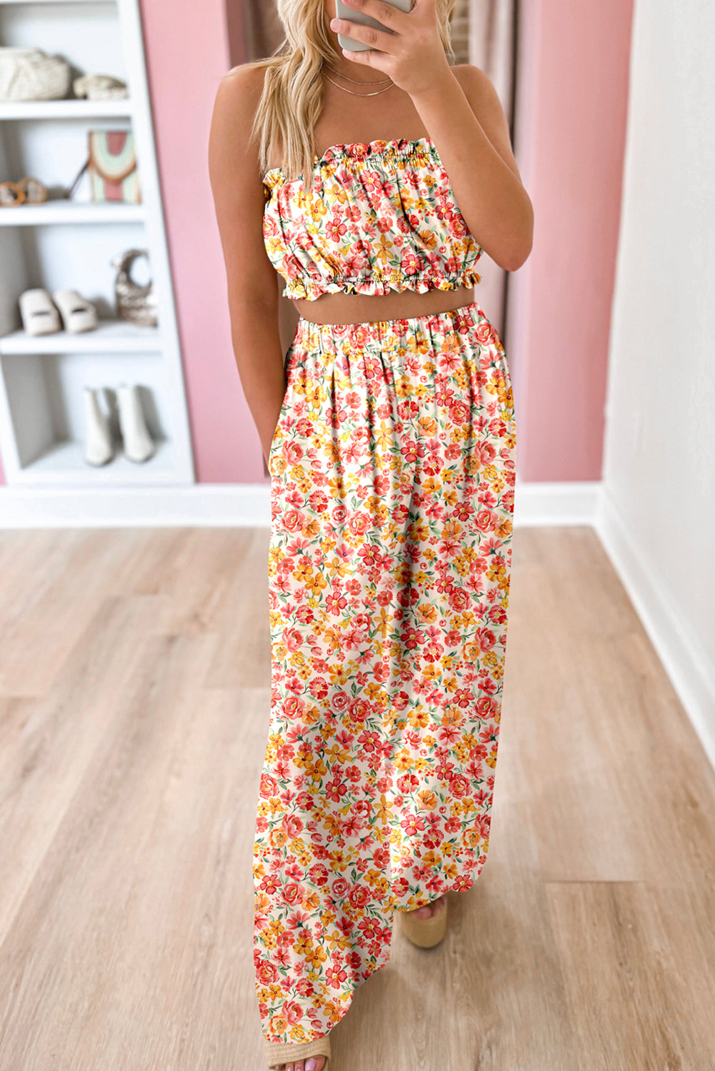 Floral Bandeau Top and Wide Leg Pants Set