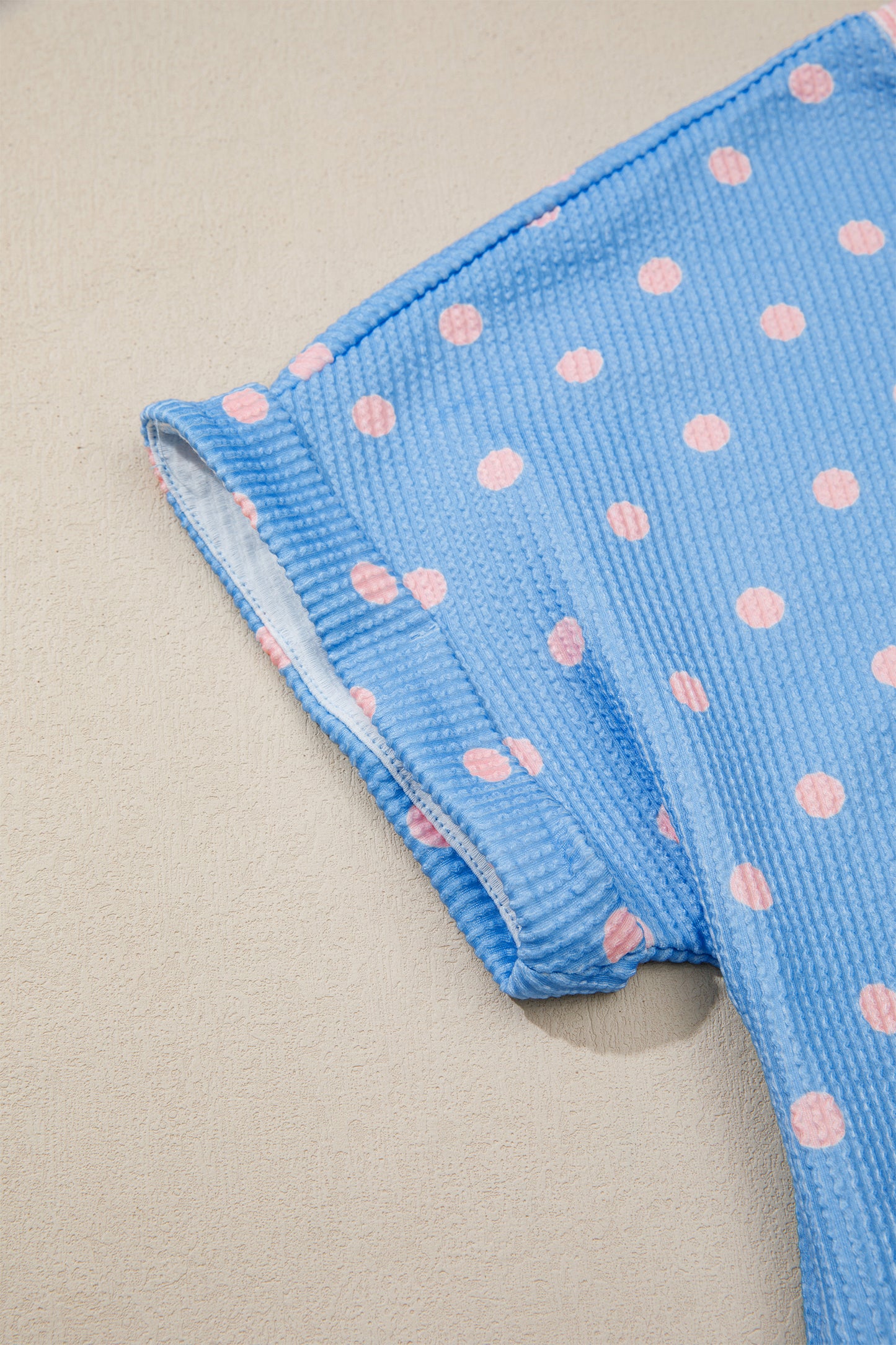 Light Blue Polka Dot Ribbed Short Sleeve Top Women S–XL