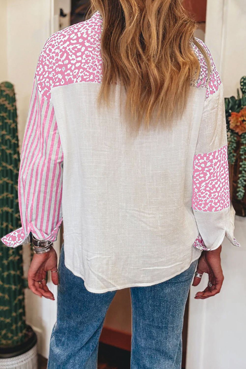 Leopard Stripe Patchwork Button Front Pocket Western Shirt
